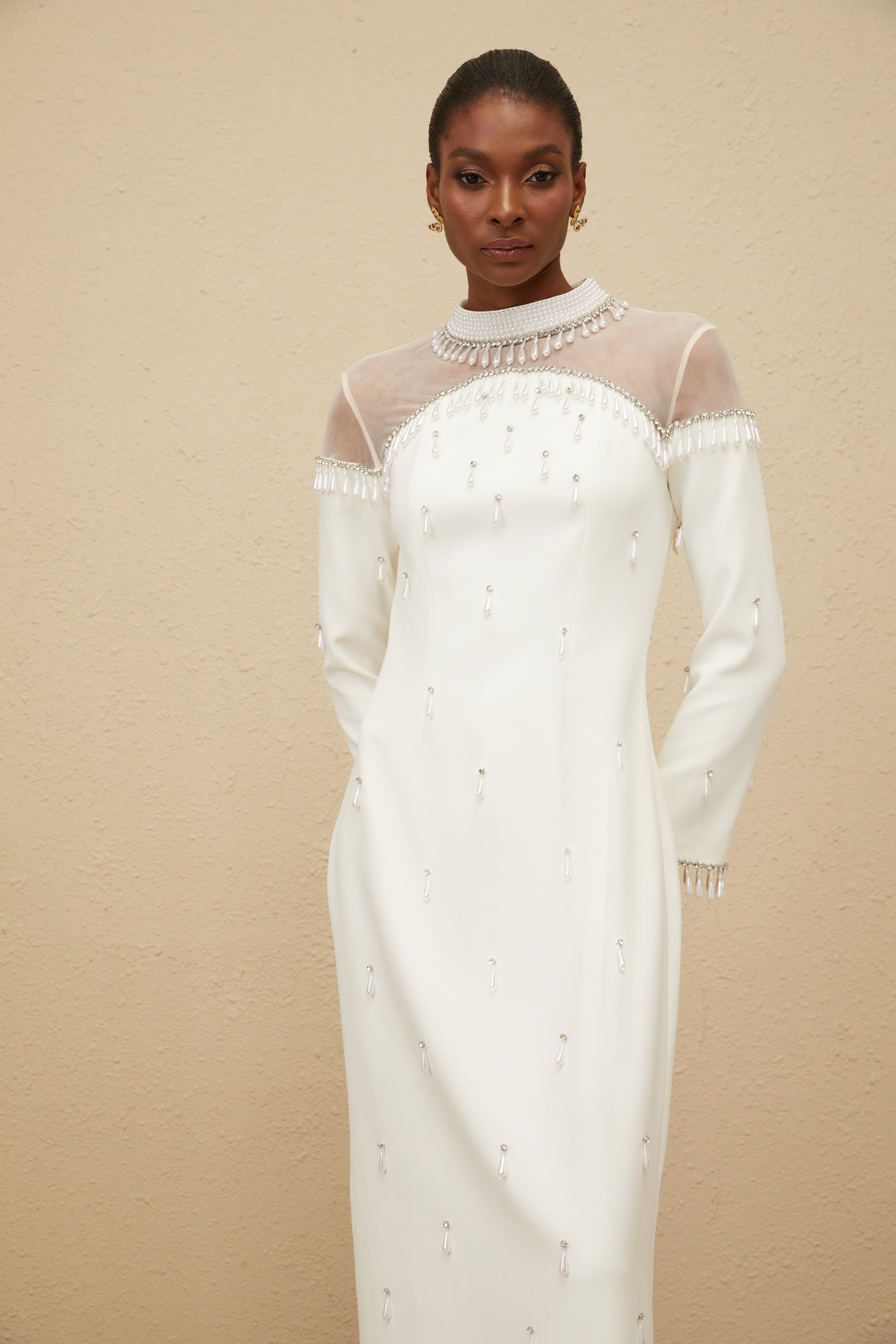 Céline White Embellished Evening Maxi Gown
