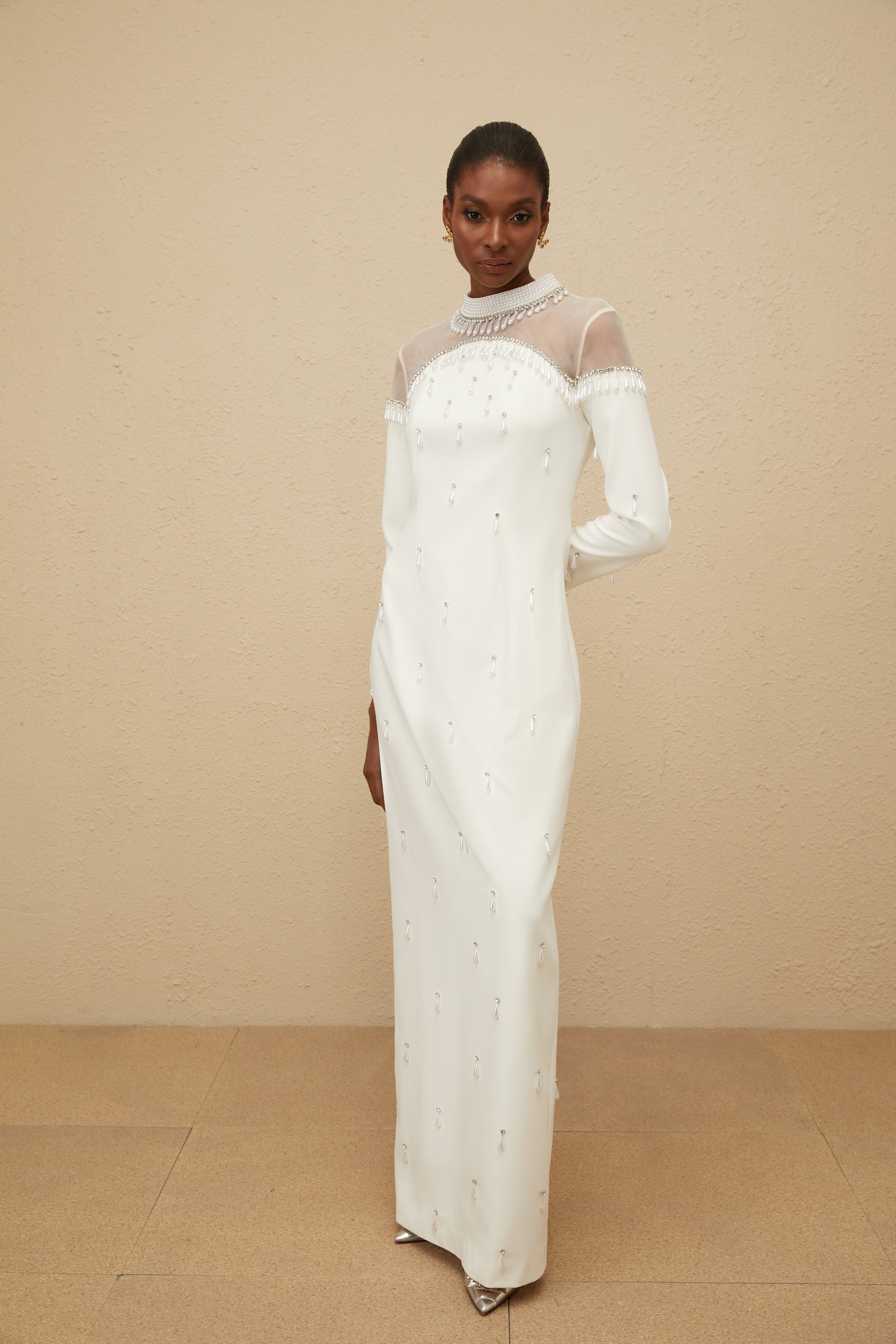 Céline White Embellished Evening Maxi Gown