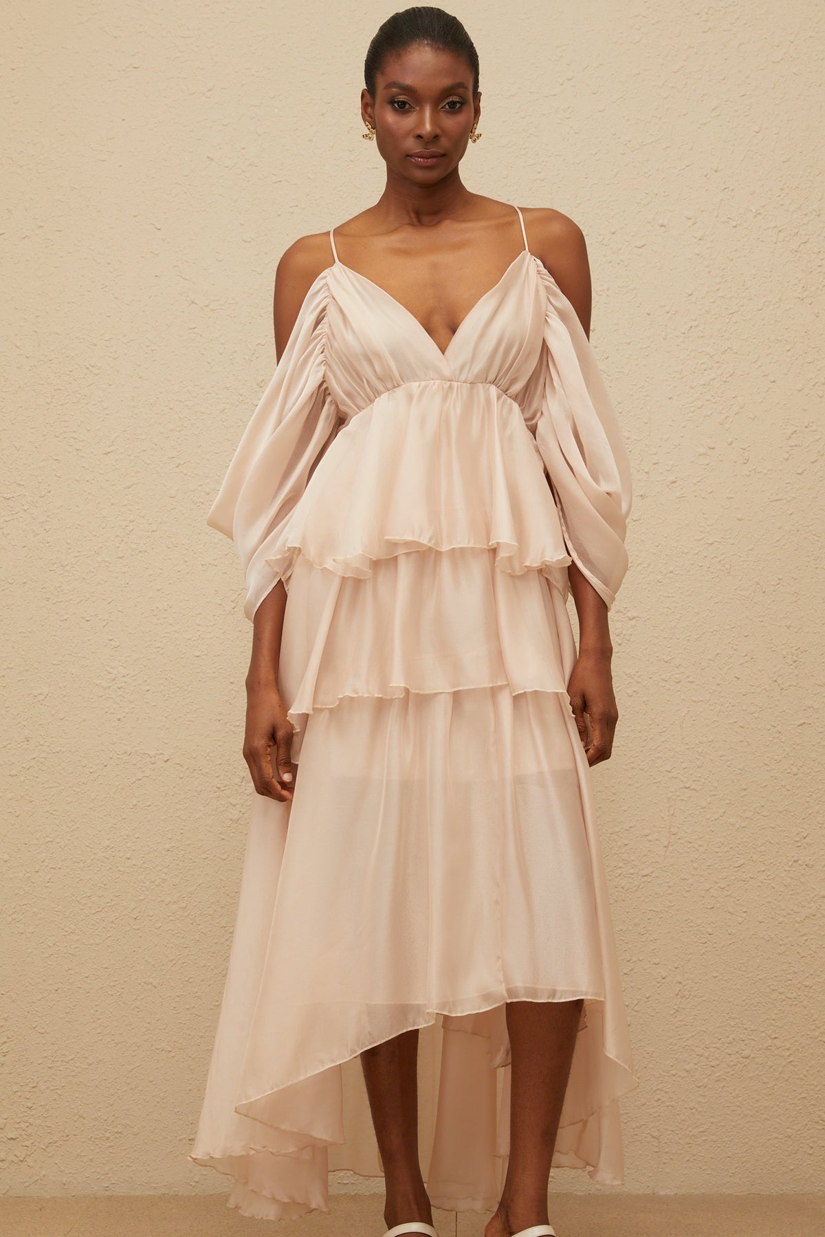 Laurine Asymmetrical Ruffled Tiered Midi Dress