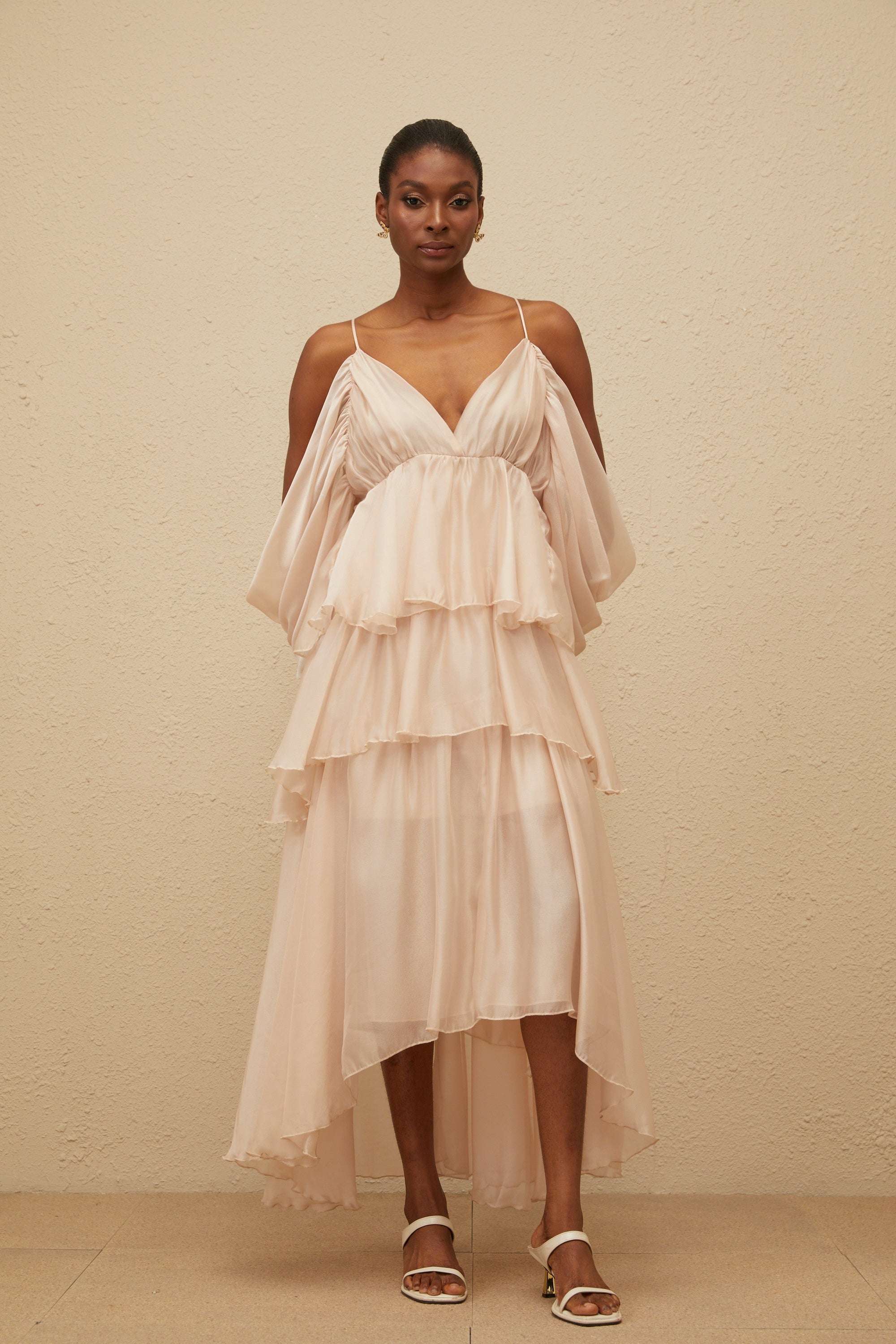 Laurine Asymmetrical Ruffled Tiered Midi Dress