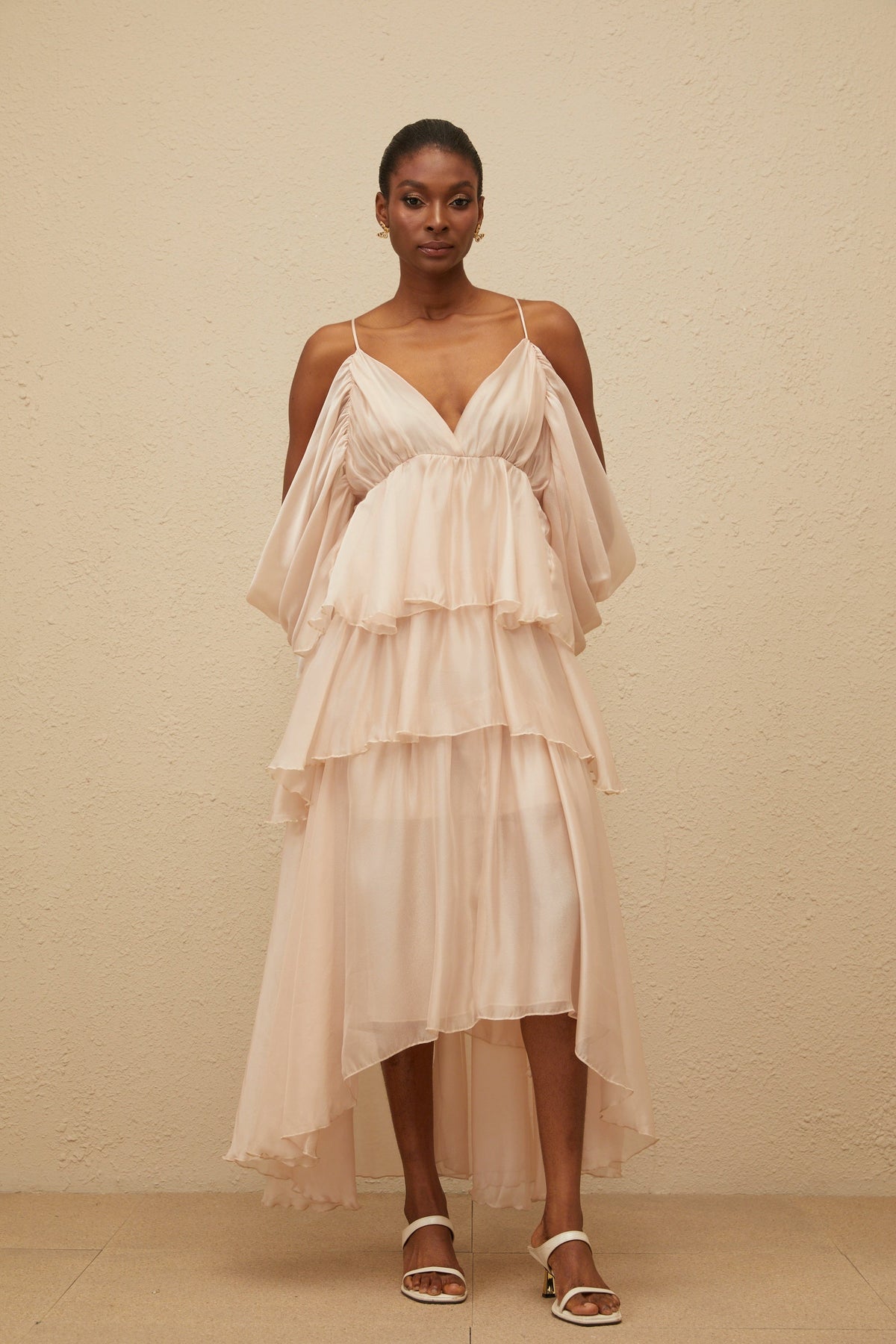 Laurine Asymmetrical Ruffled Tiered Midi Dress