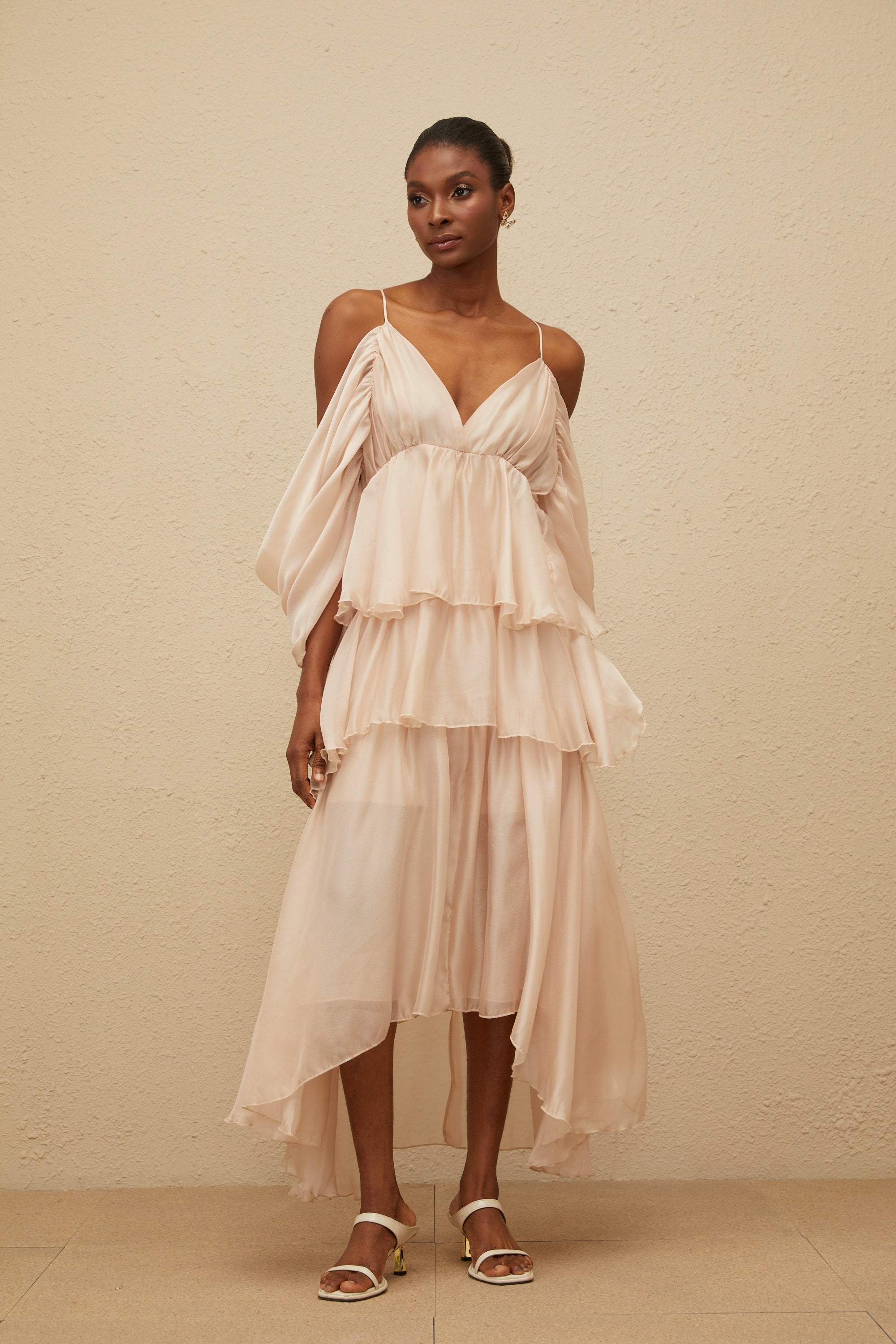 Laurine Asymmetrical Ruffled Tiered Midi Dress