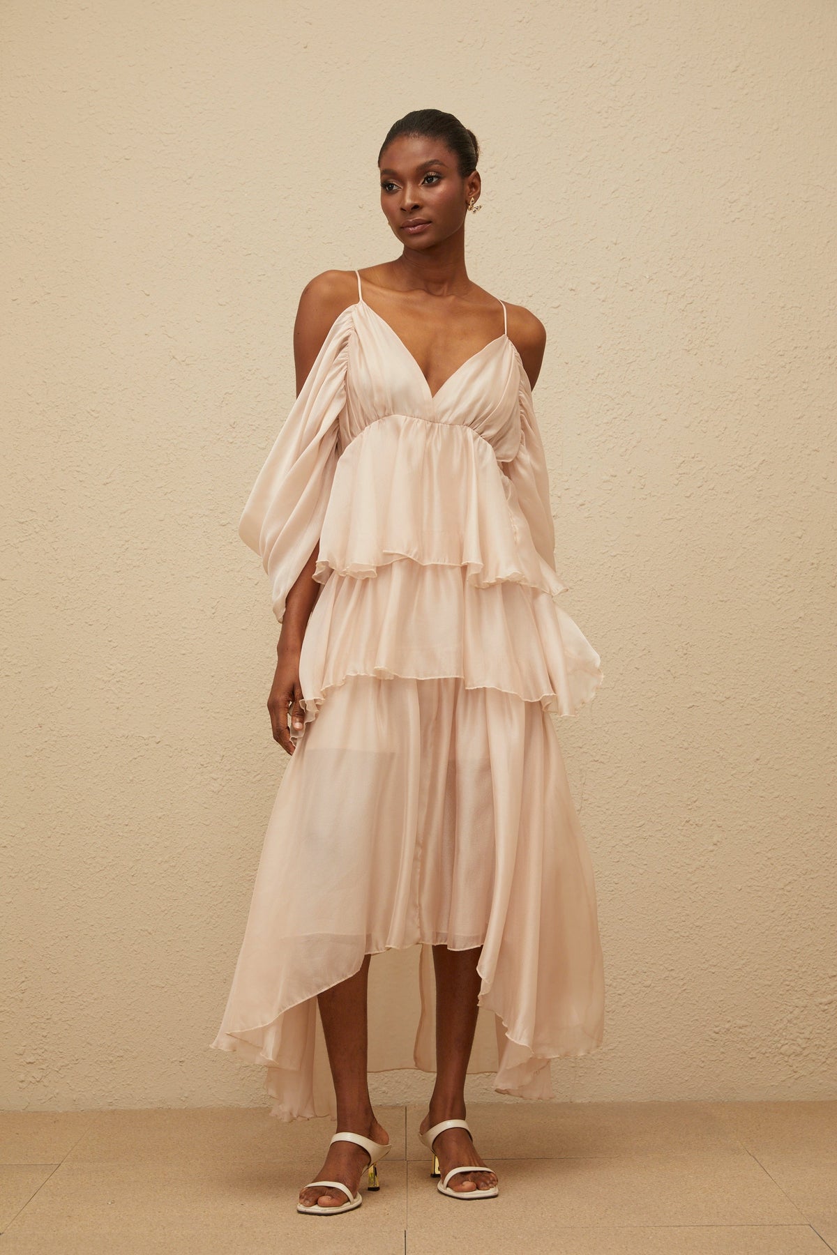 Laurine Asymmetrical Ruffled Tiered Midi Dress