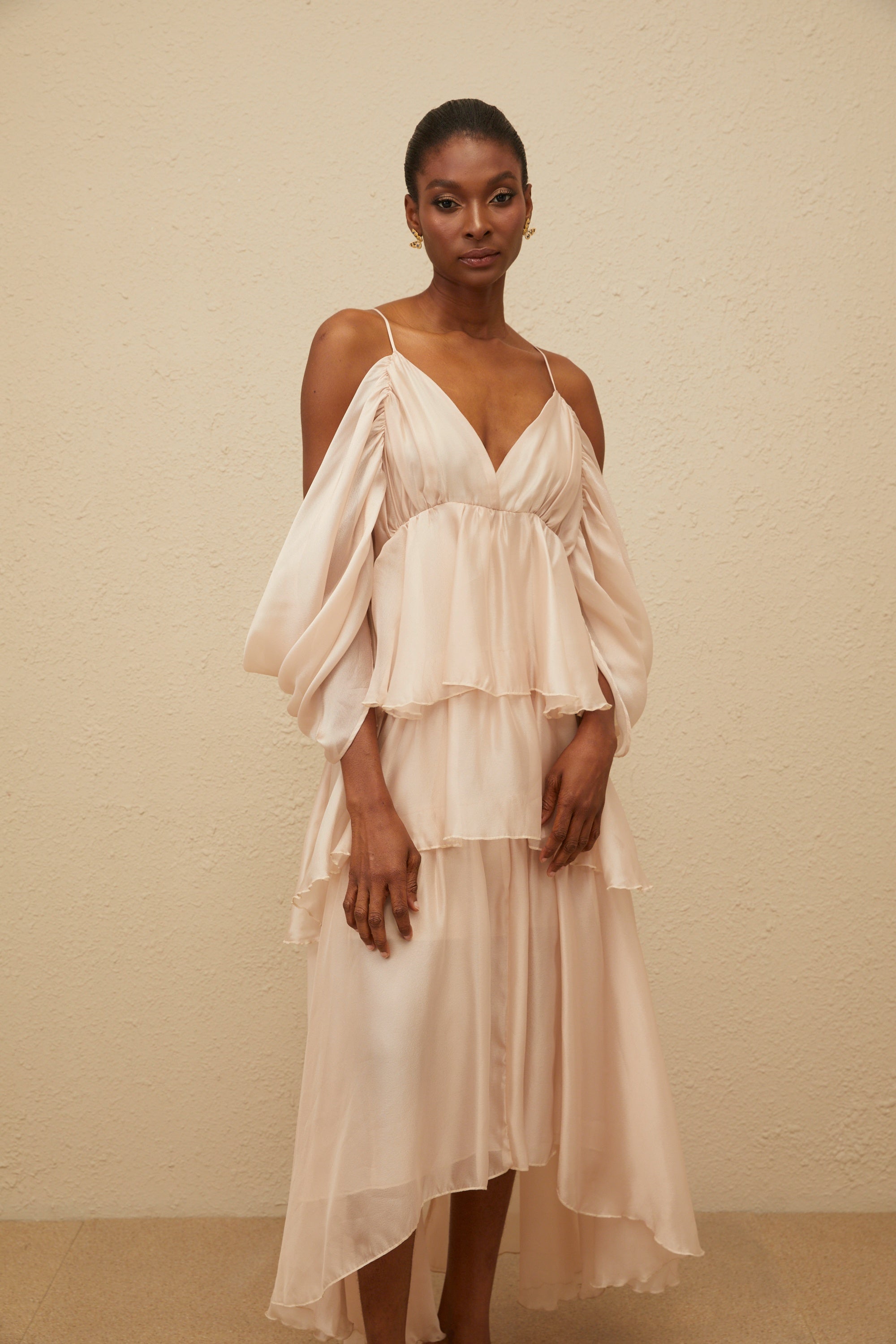 Laurine Asymmetrical Ruffled Tiered Midi Dress