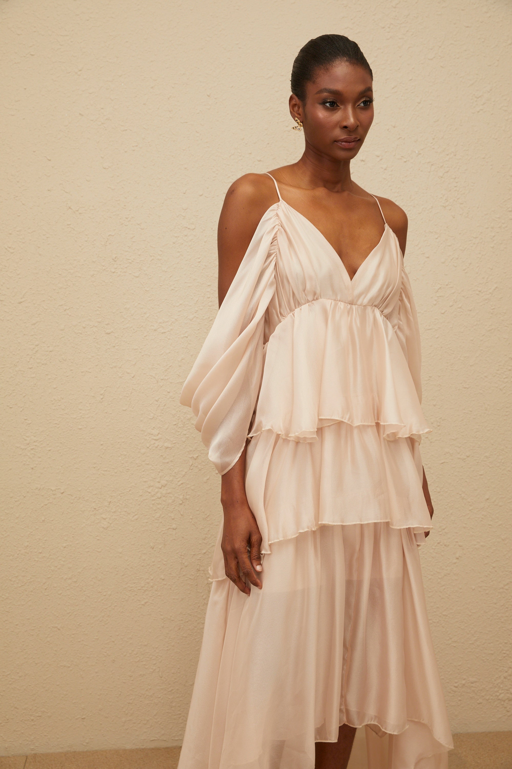 Laurine Asymmetrical Ruffled Tiered Midi Dress