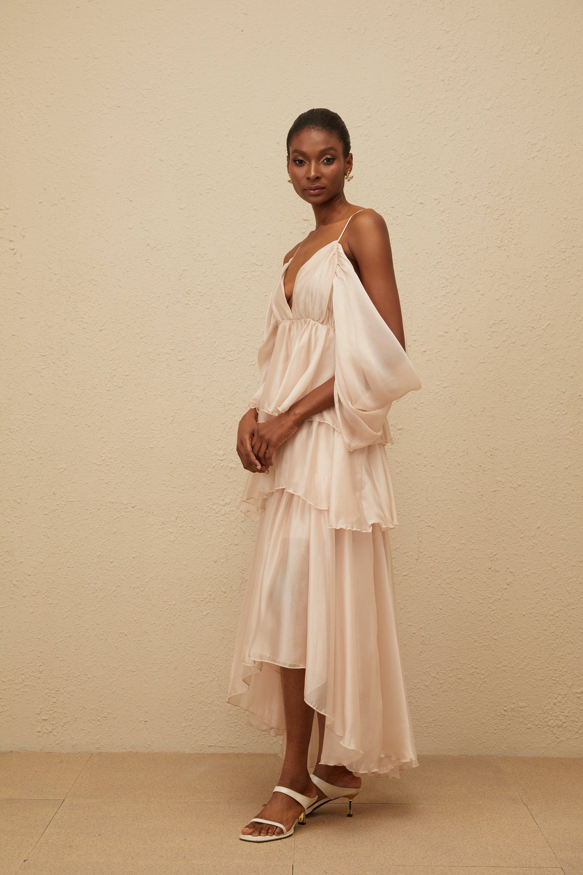 Laurine Asymmetrical Ruffled Tiered Midi Dress