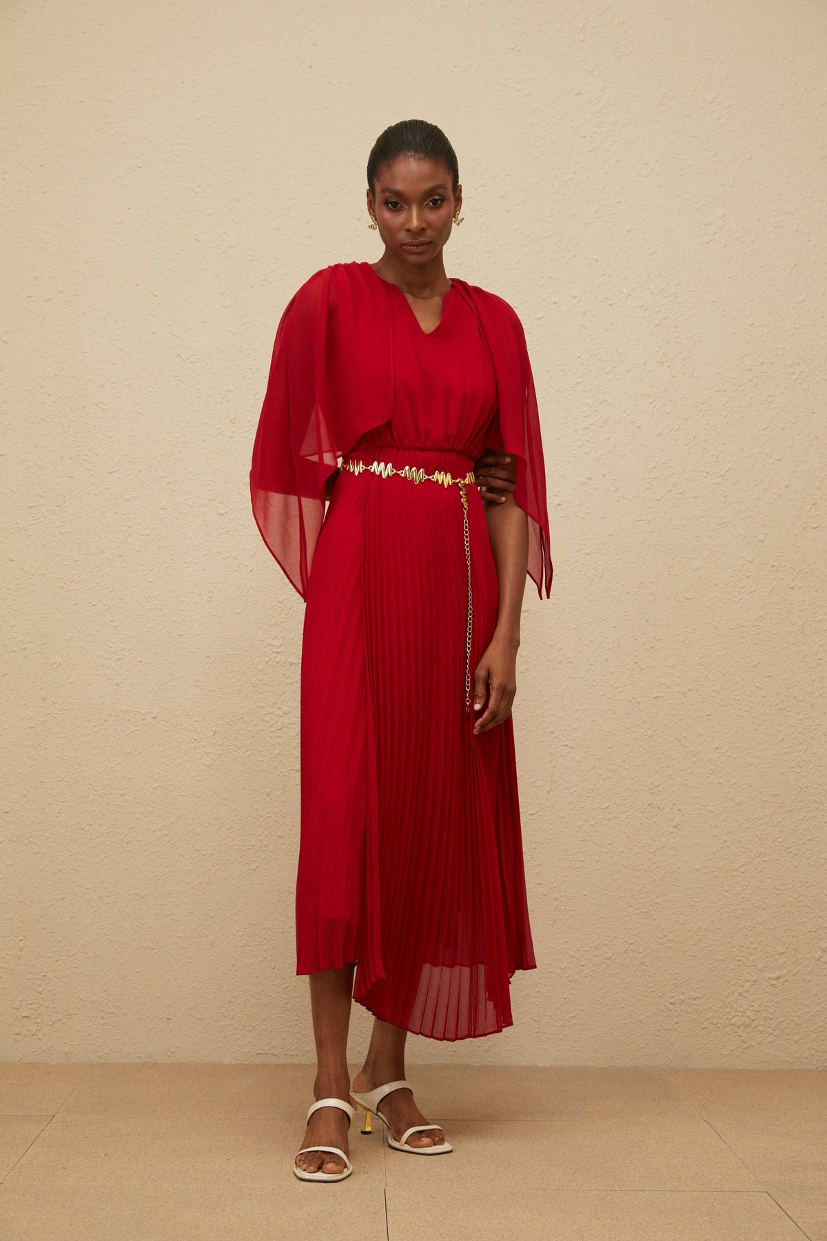 Émilie Red Pleated Maxi Dress with Cape Detail