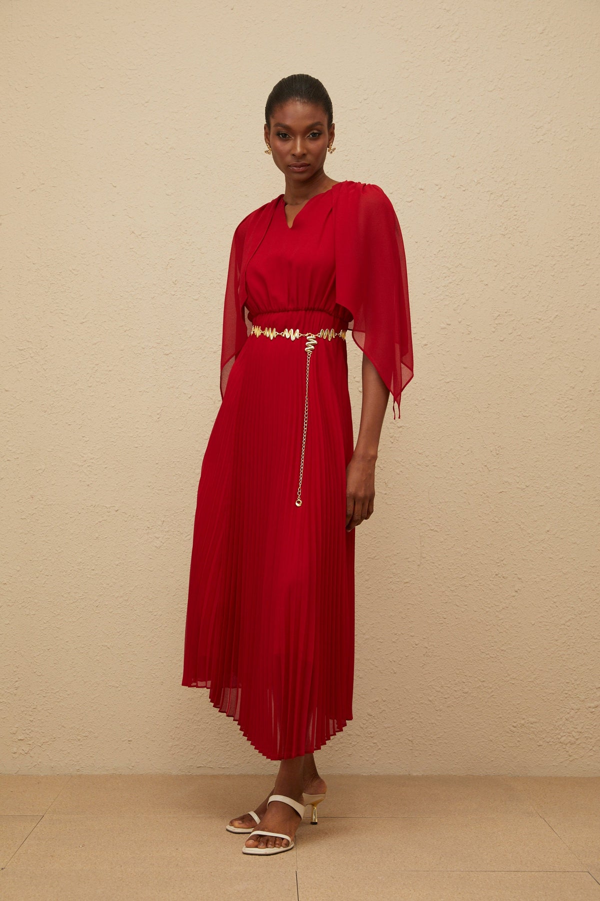 Émilie Red Pleated Maxi Dress with Cape Detail