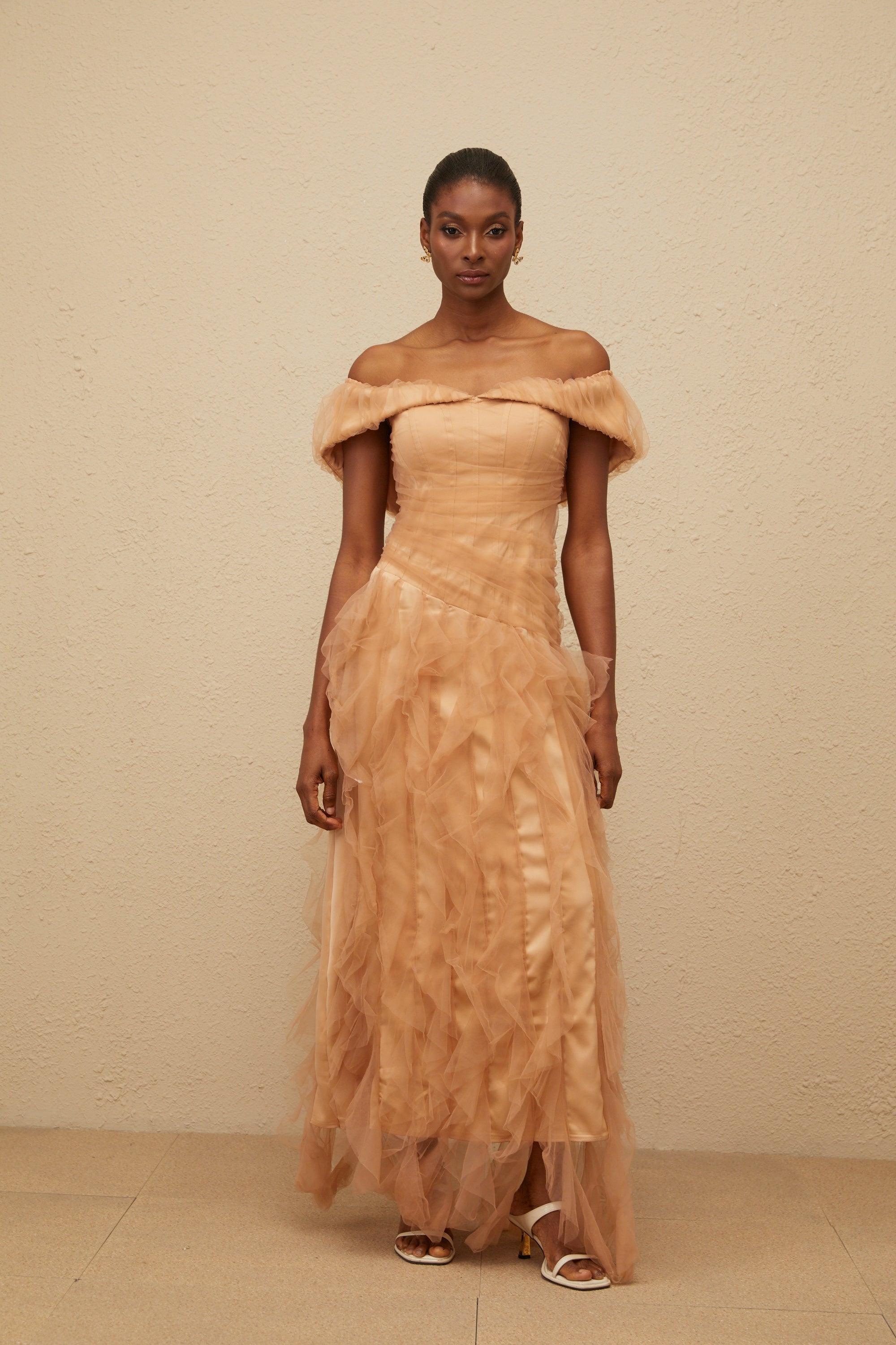Ivonne Khaki Off-Shoulder Ruffled Tulle Maxi Dress