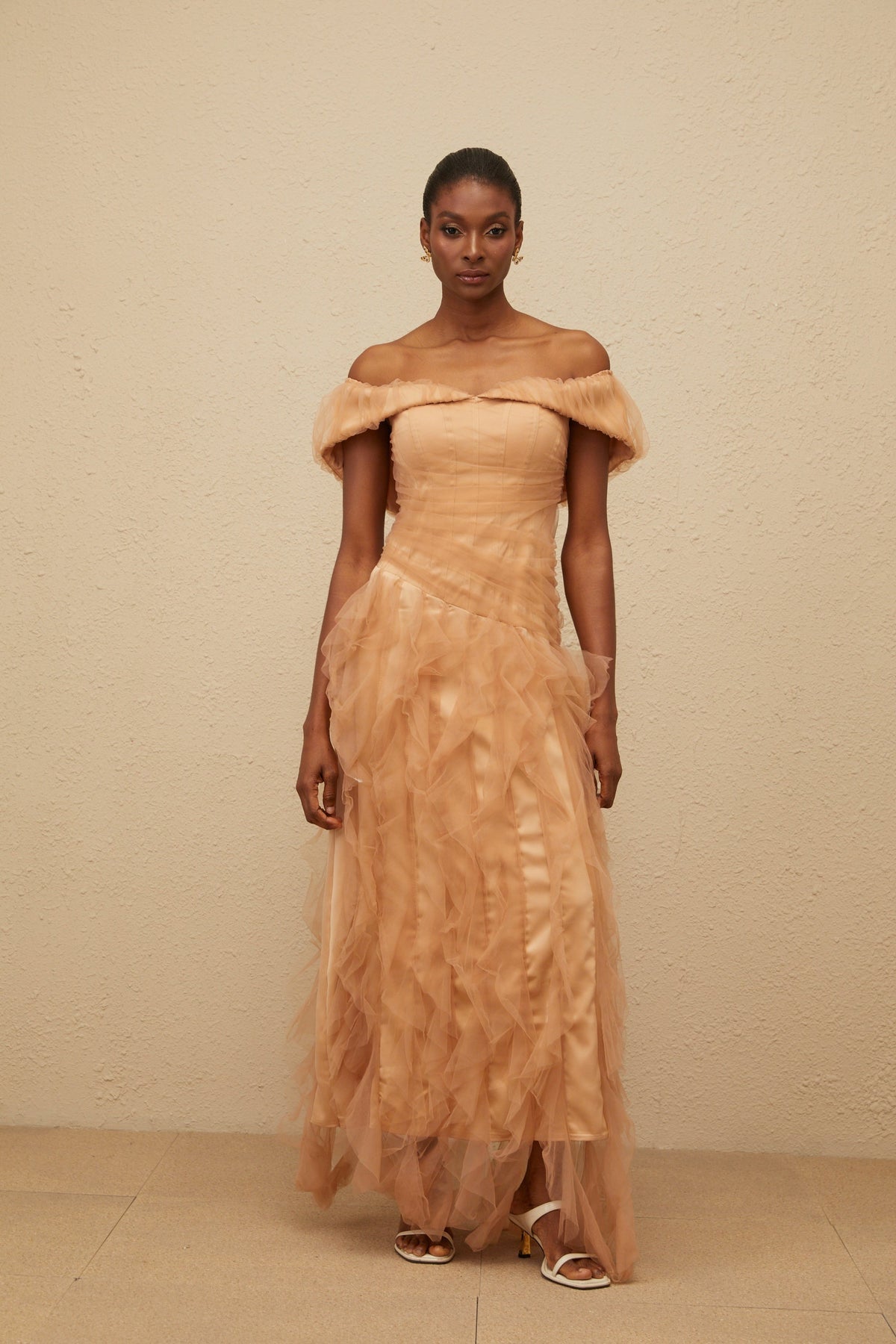 Ivonne Khaki Off-Shoulder Ruffled Tulle Maxi Dress