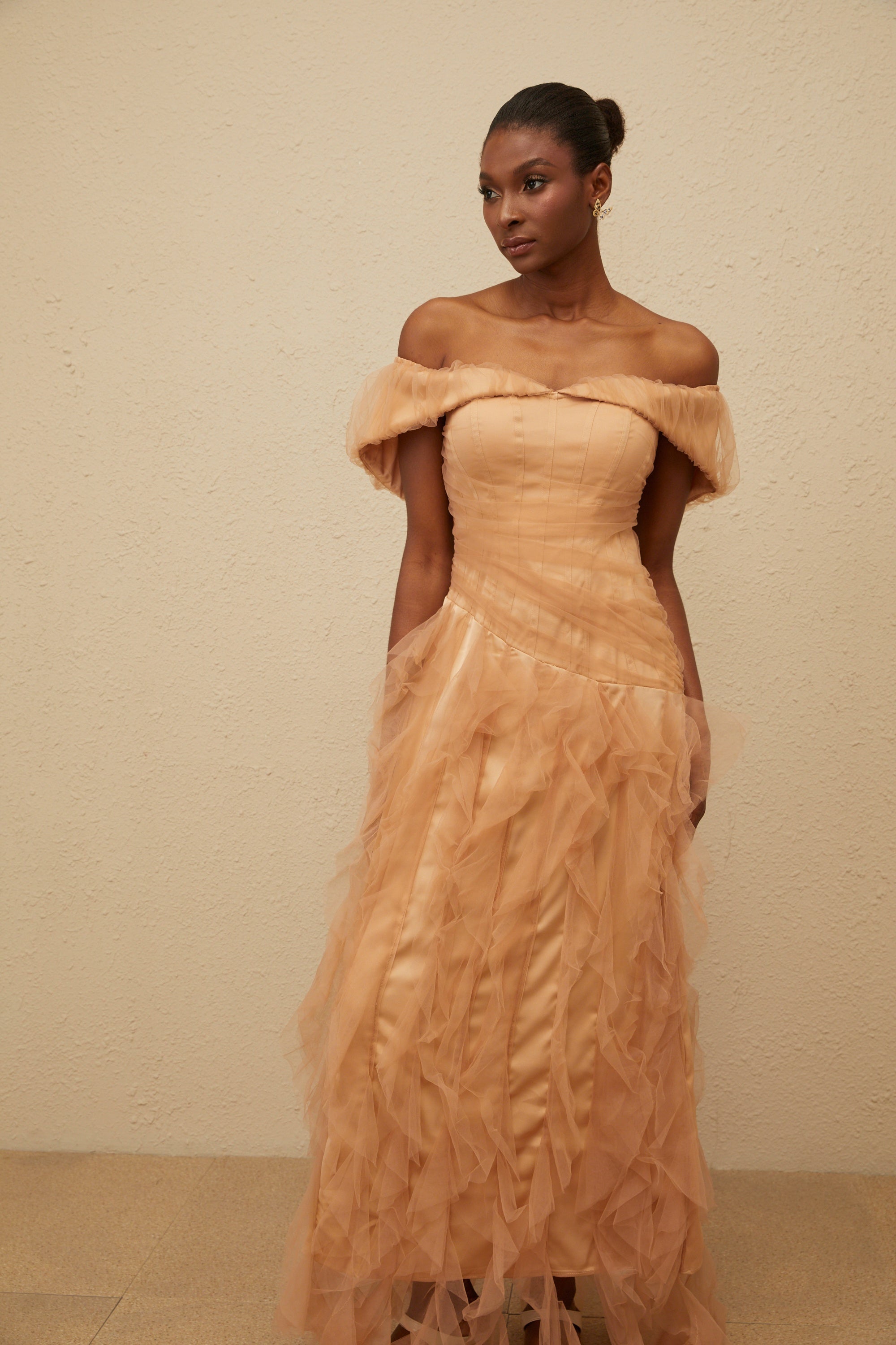 Ivonne Khaki Off-Shoulder Ruffled Tulle Maxi Dress