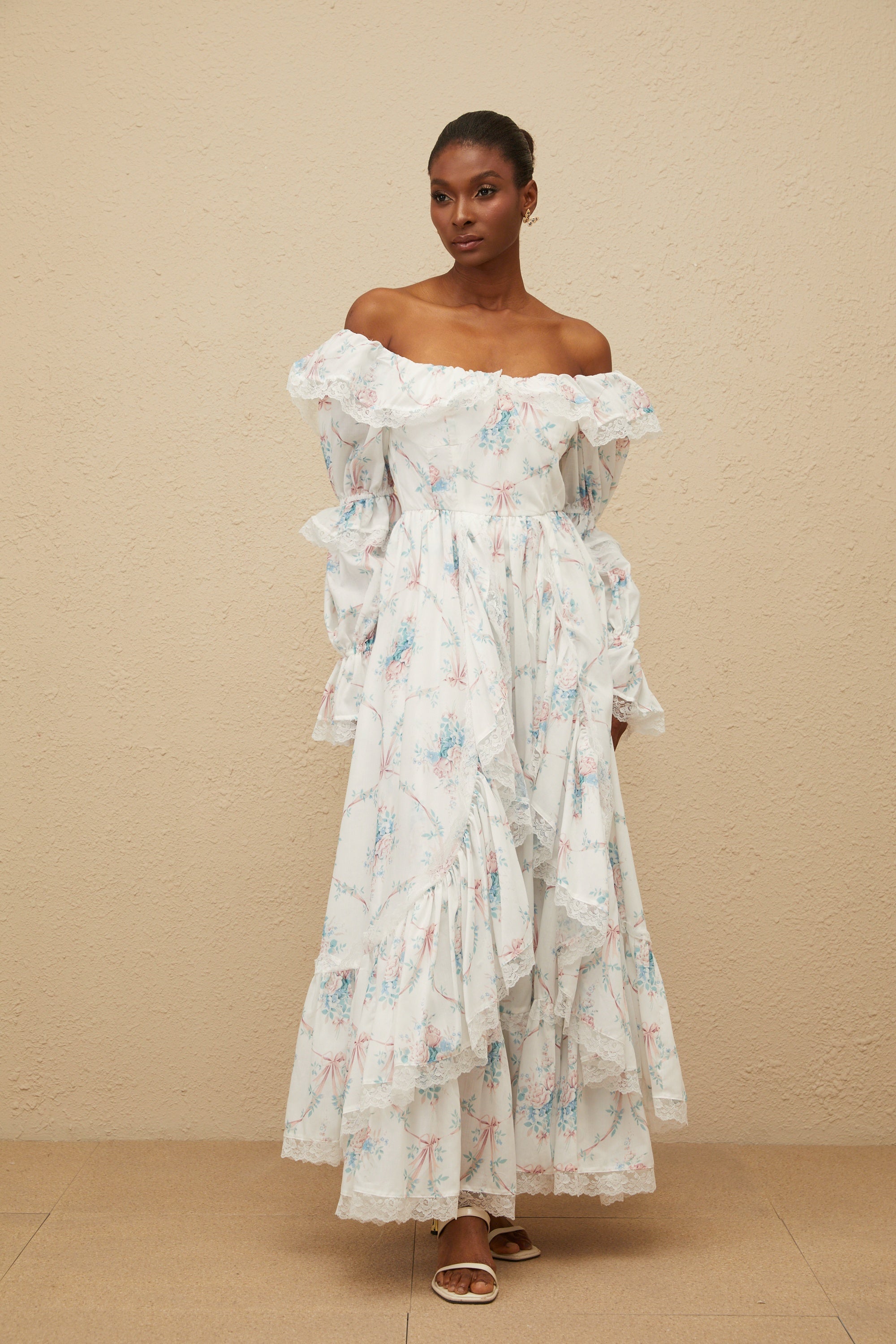 Maxanne White Ruffled Floral Print Maxi Dress