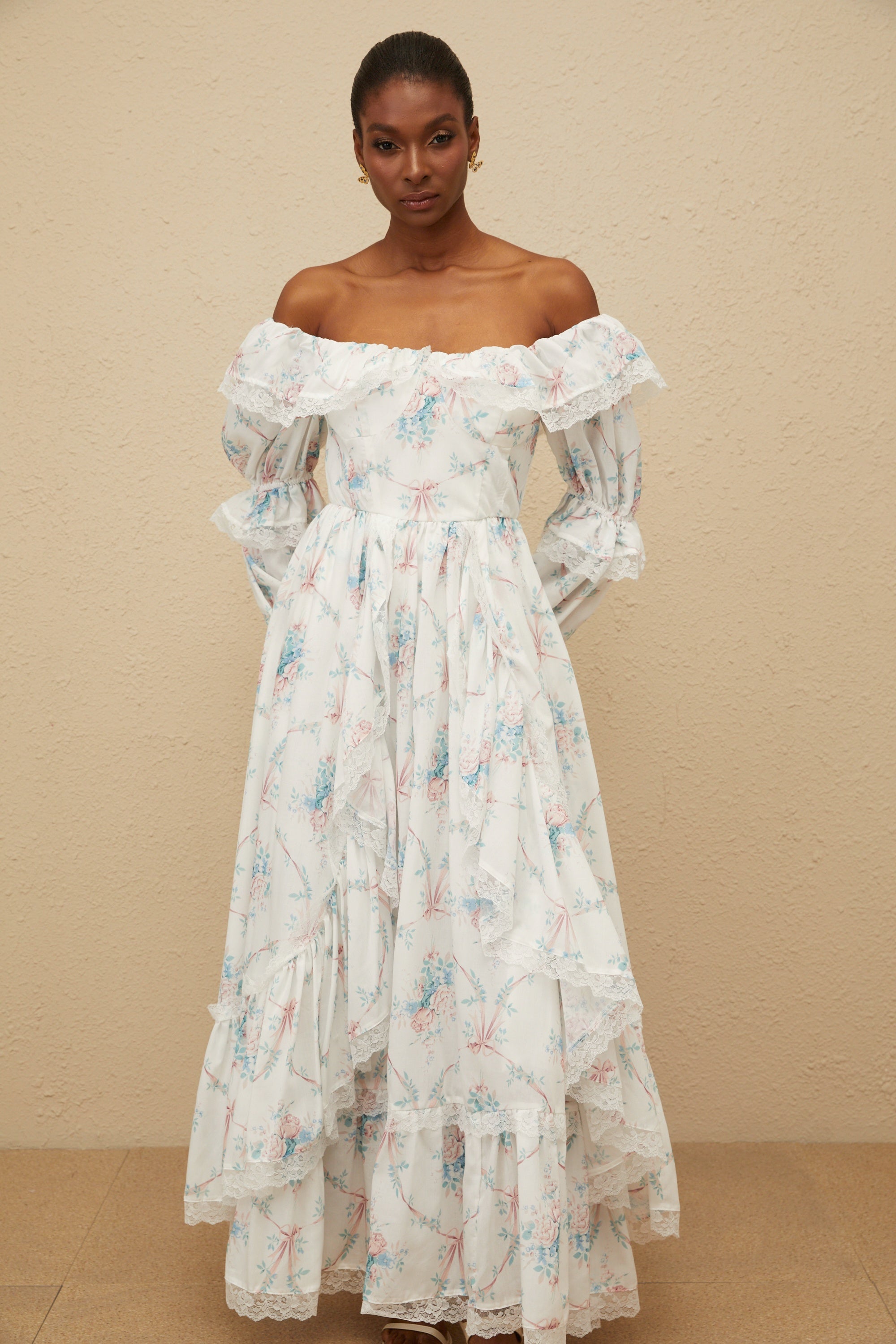 Maxanne White Ruffled Floral Print Maxi Dress
