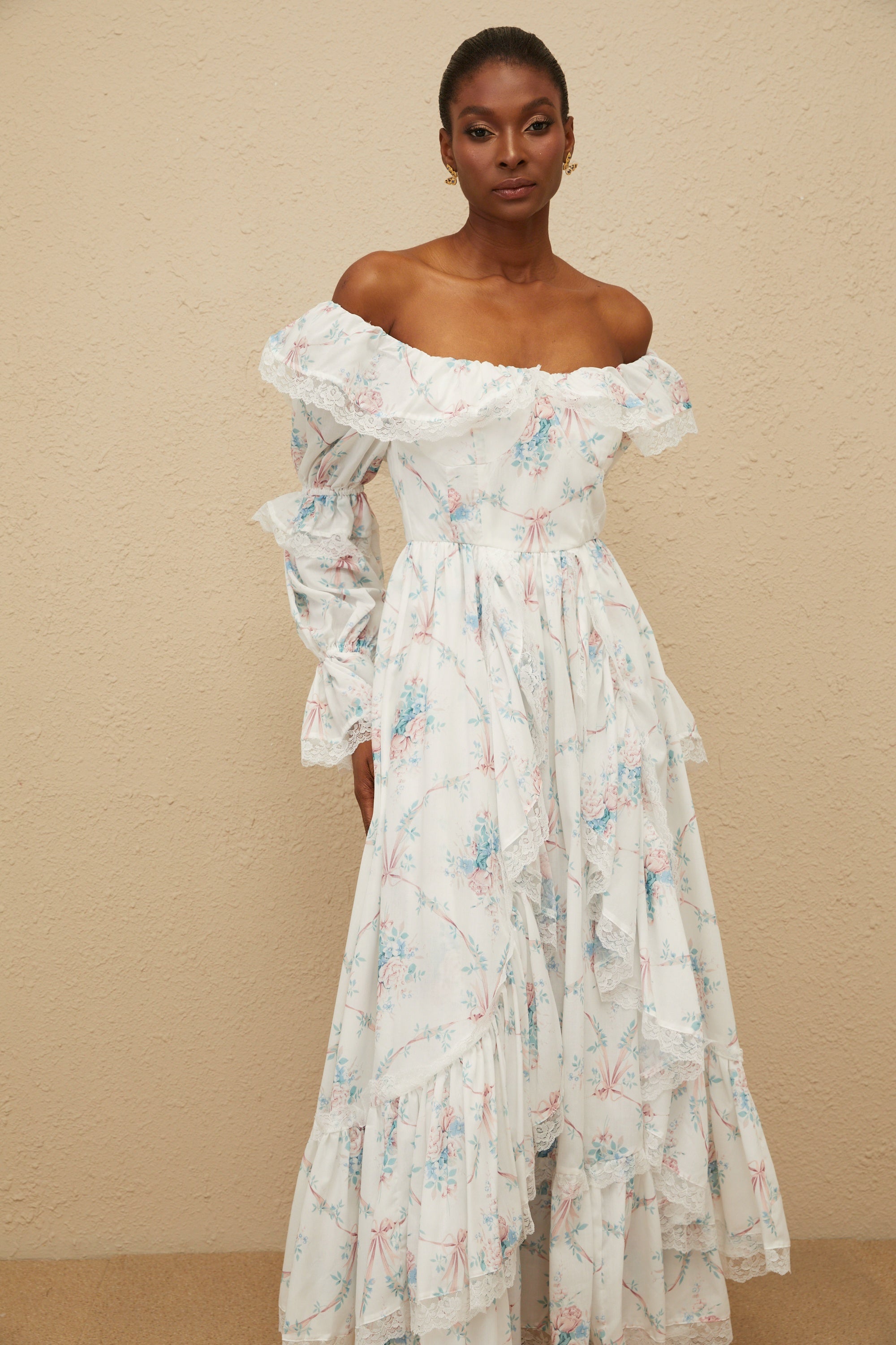 Maxanne White Ruffled Floral Print Maxi Dress