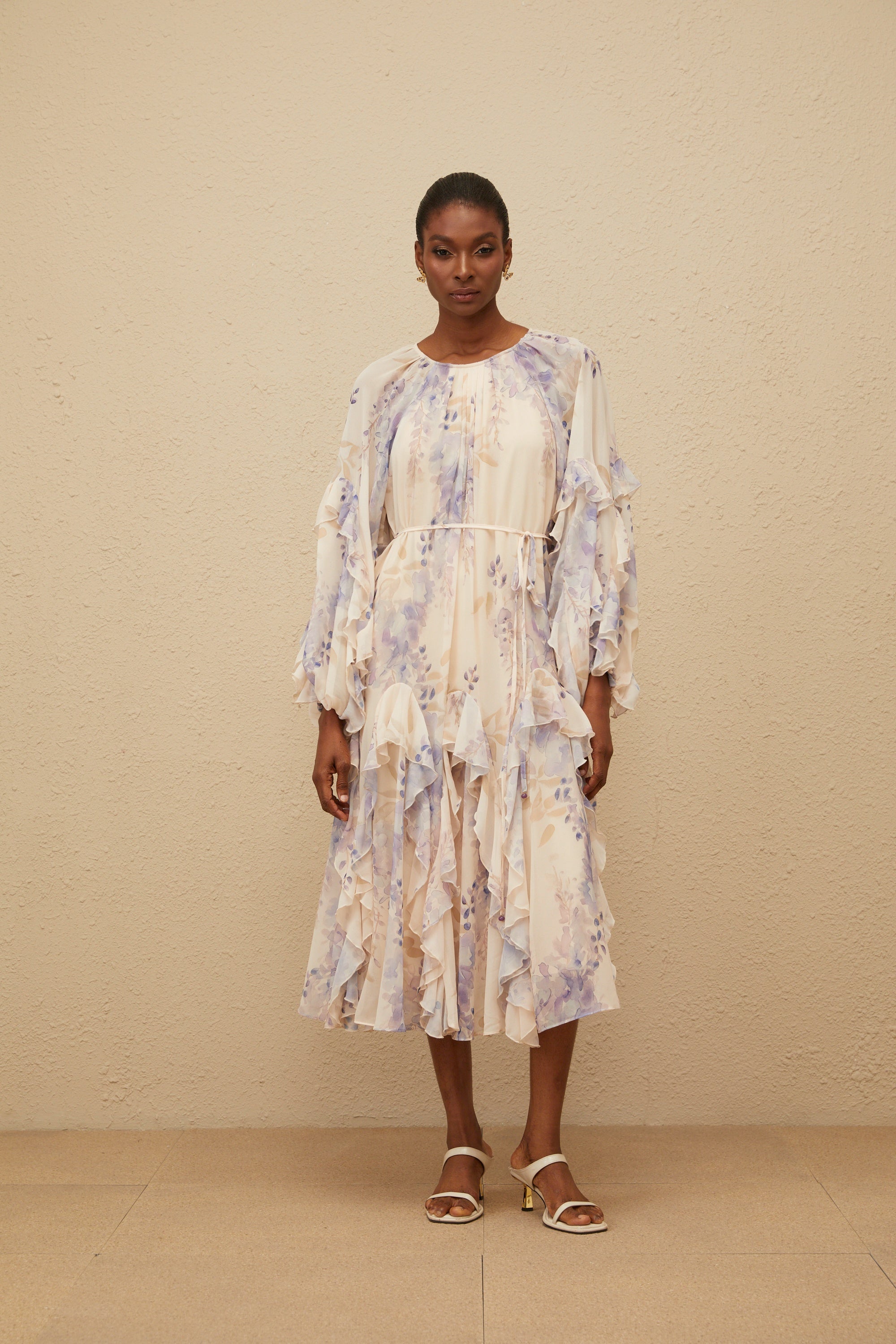 Yara Ruffled Floral Print Midi Dress