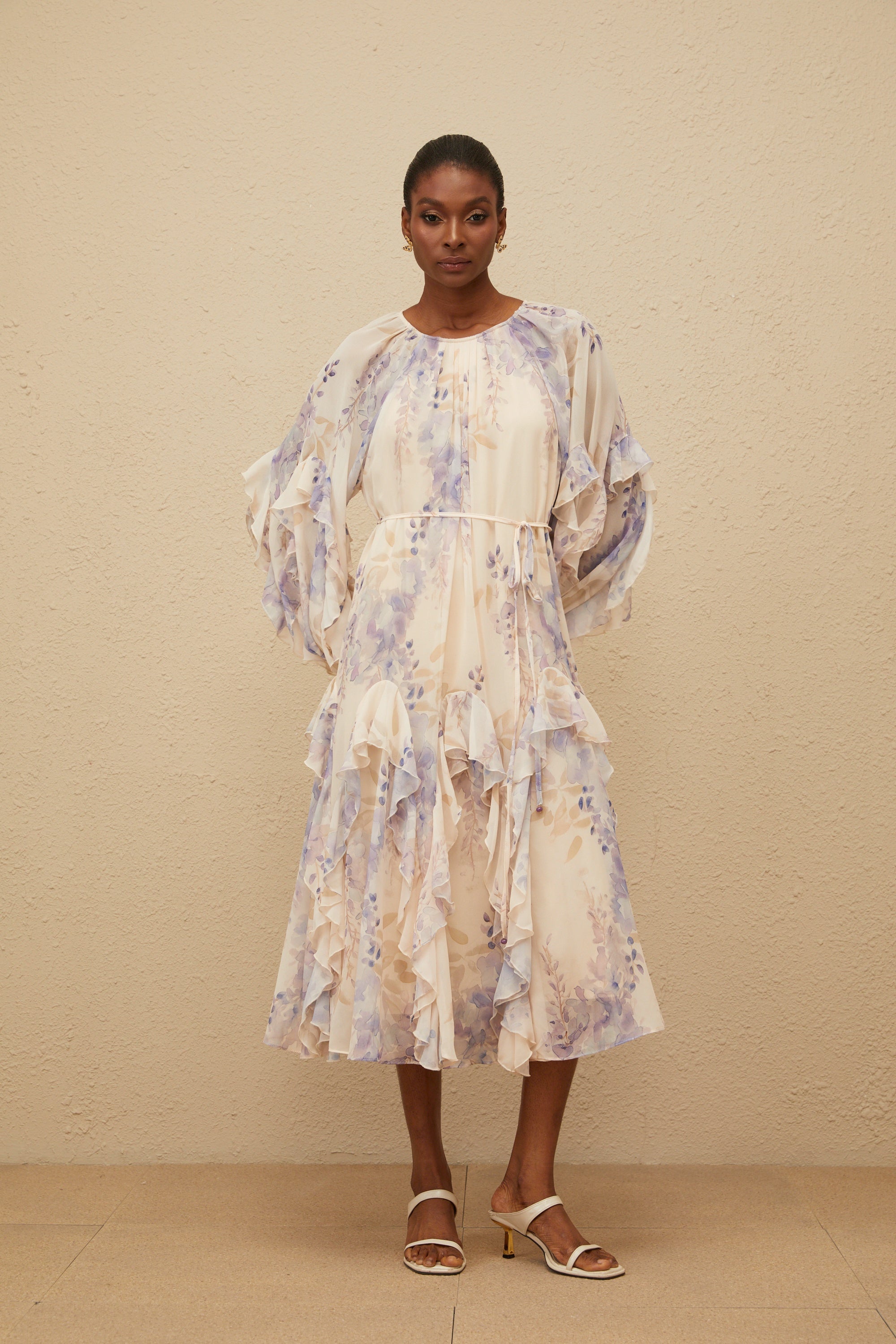 Yara Ruffled Floral Print Midi Dress