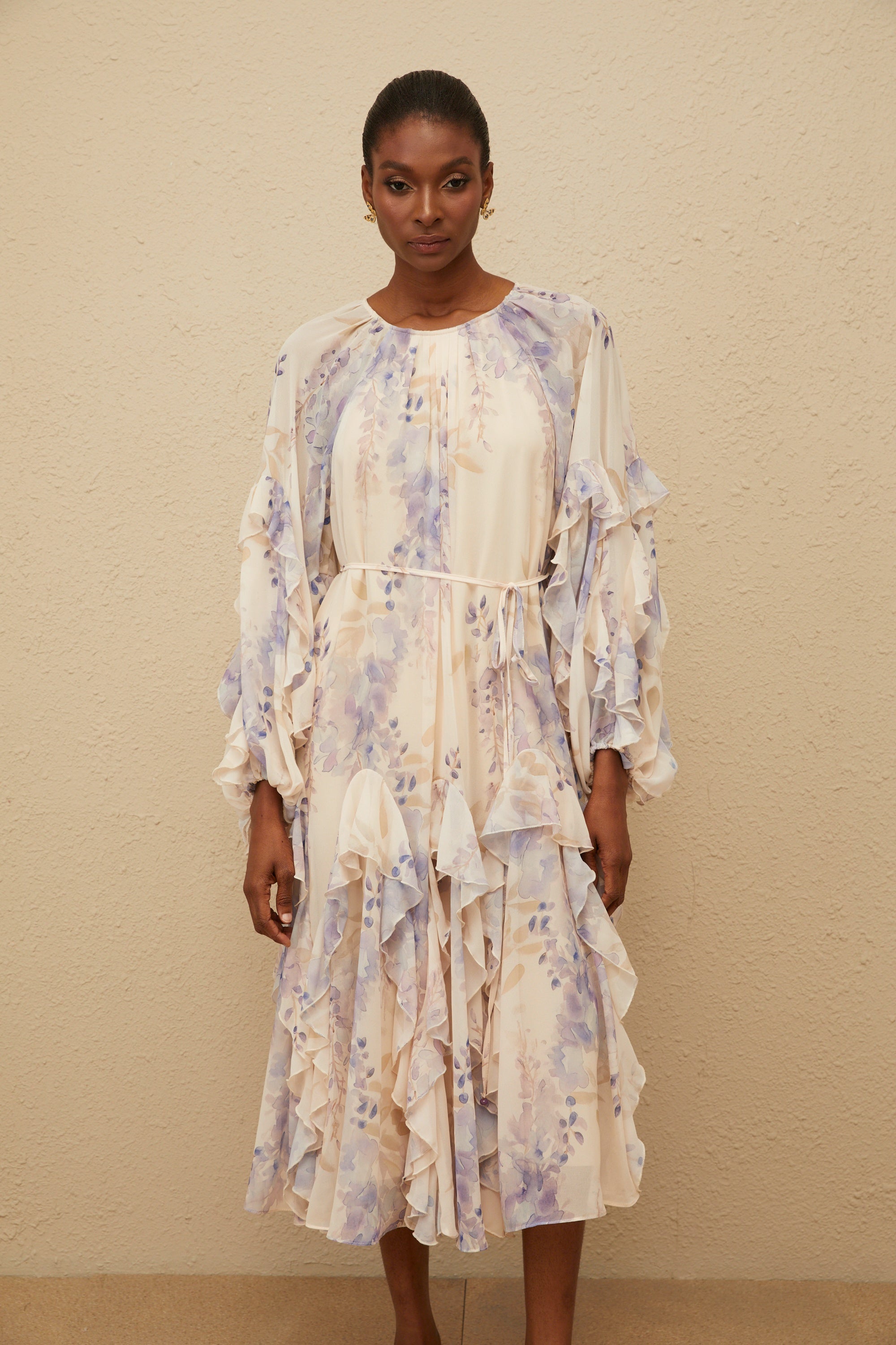 Yara Ruffled Floral Print Midi Dress