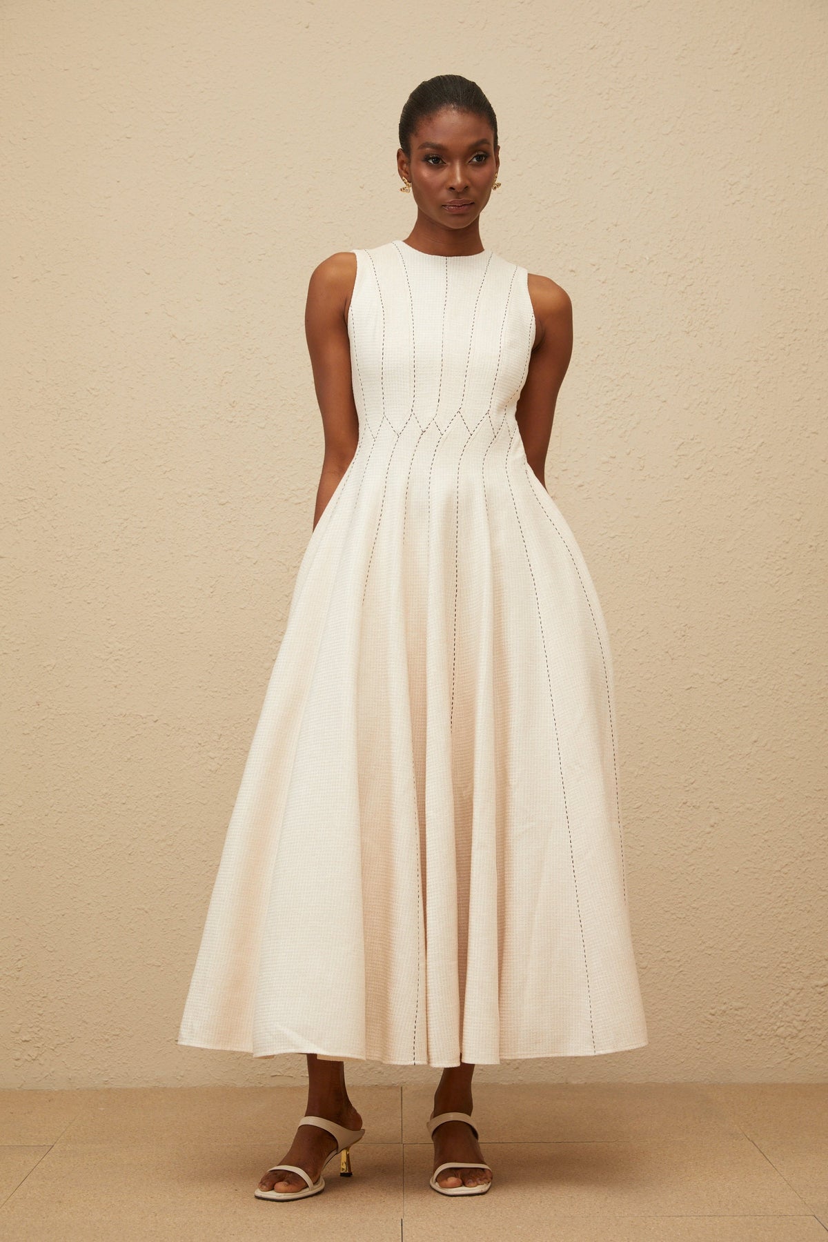 Délicatesse Neutral Shirred Textured Midi Dress