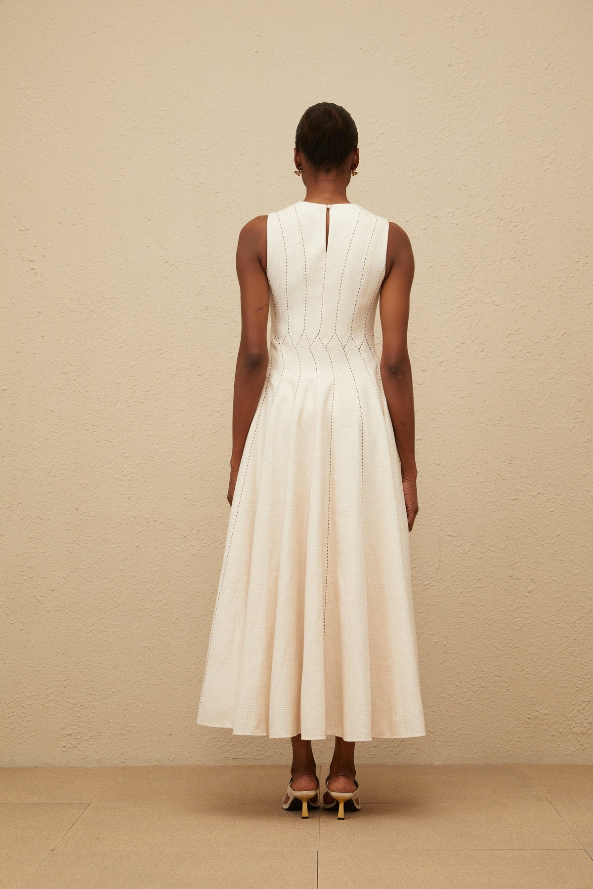 Délicatesse Neutral Shirred Textured Midi Dress