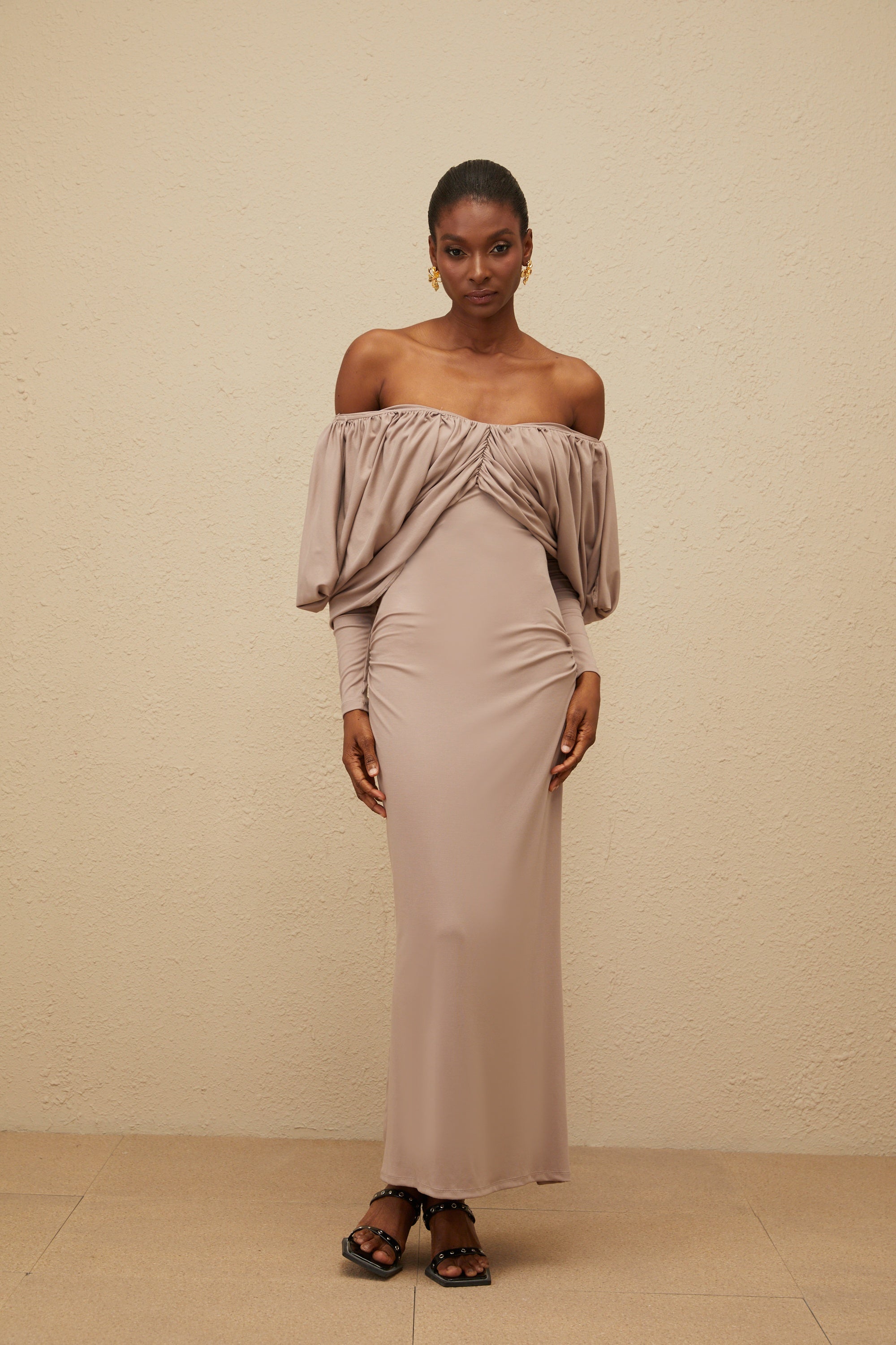 Roxane Grey Ruched Shift Midi Dress