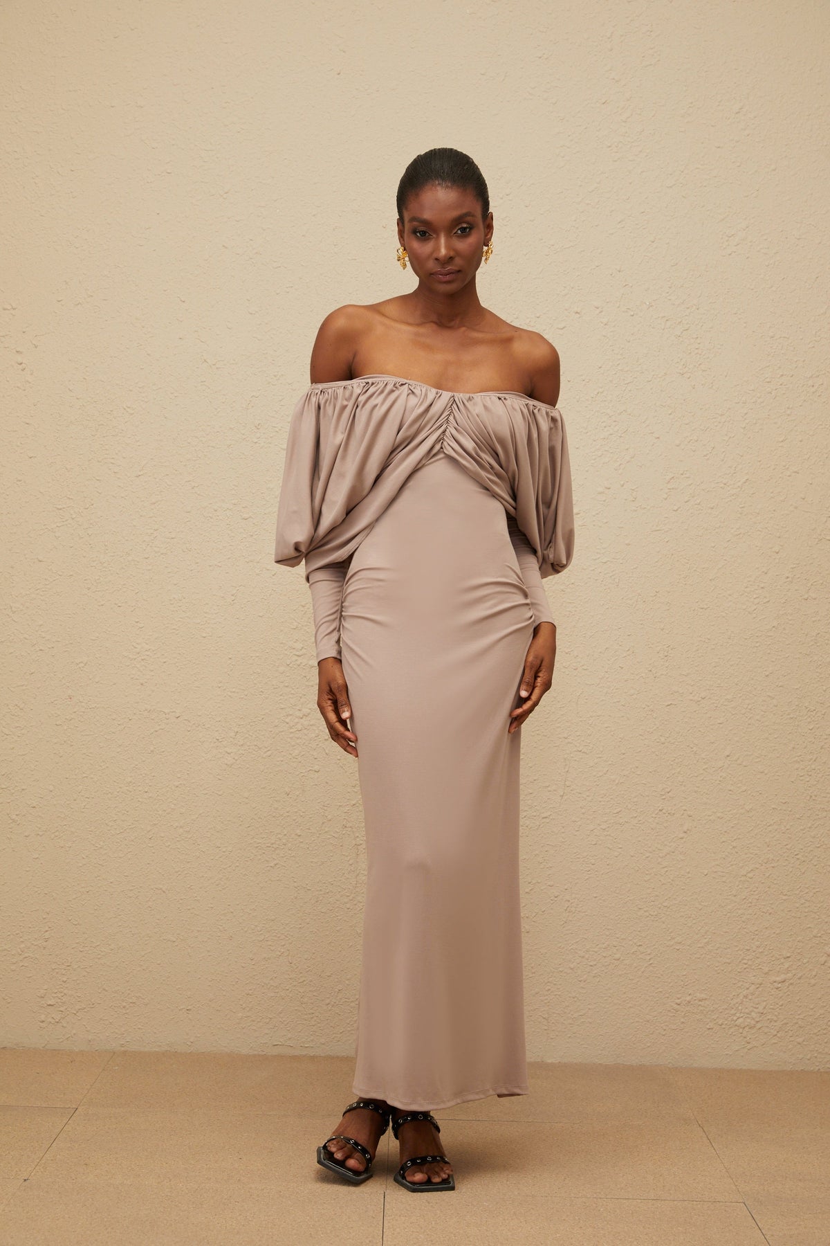 Roxane Grey Ruched Shift Midi Dress (Final Sale)