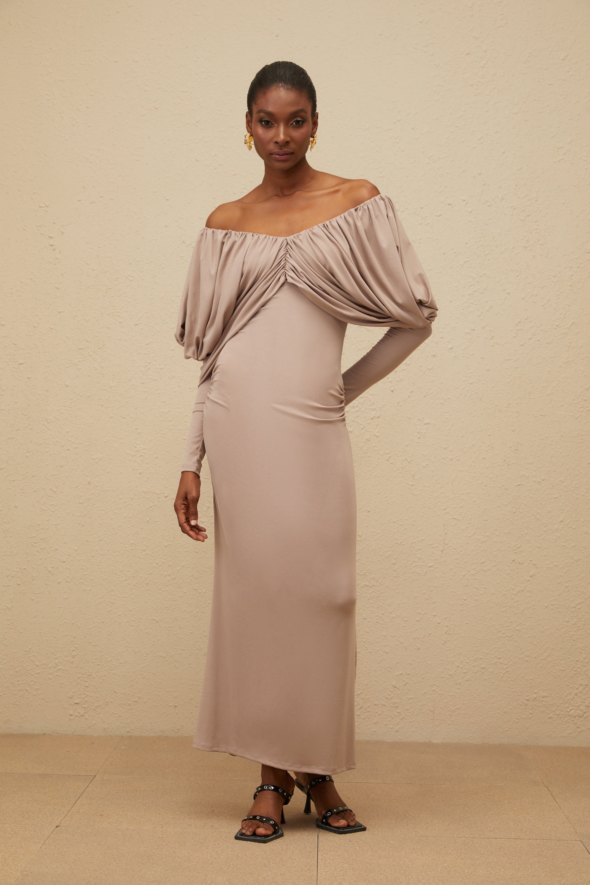 Roxane Grey Ruched Shift Midi Dress