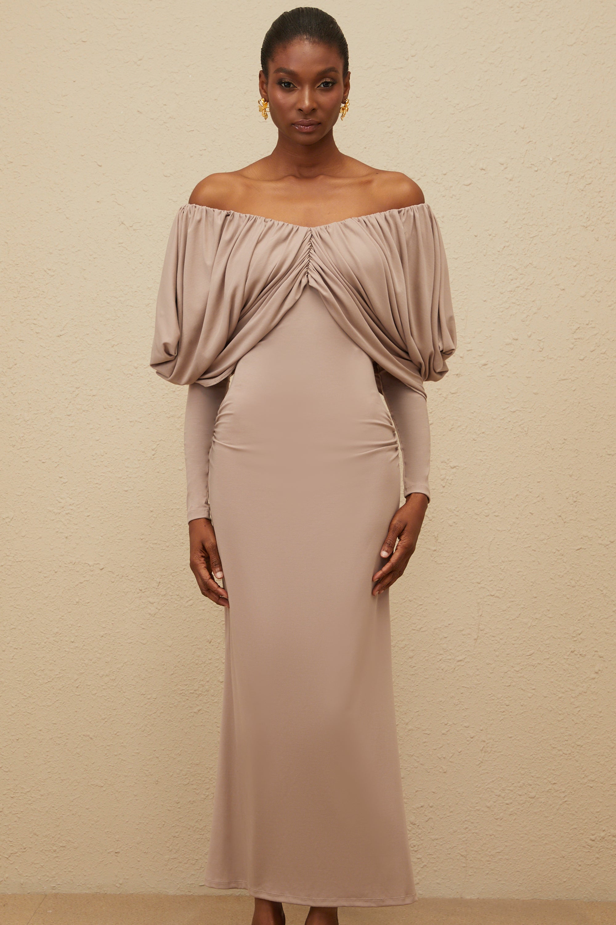 Roxane Grey Ruched Shift Midi Dress (Final Sale)