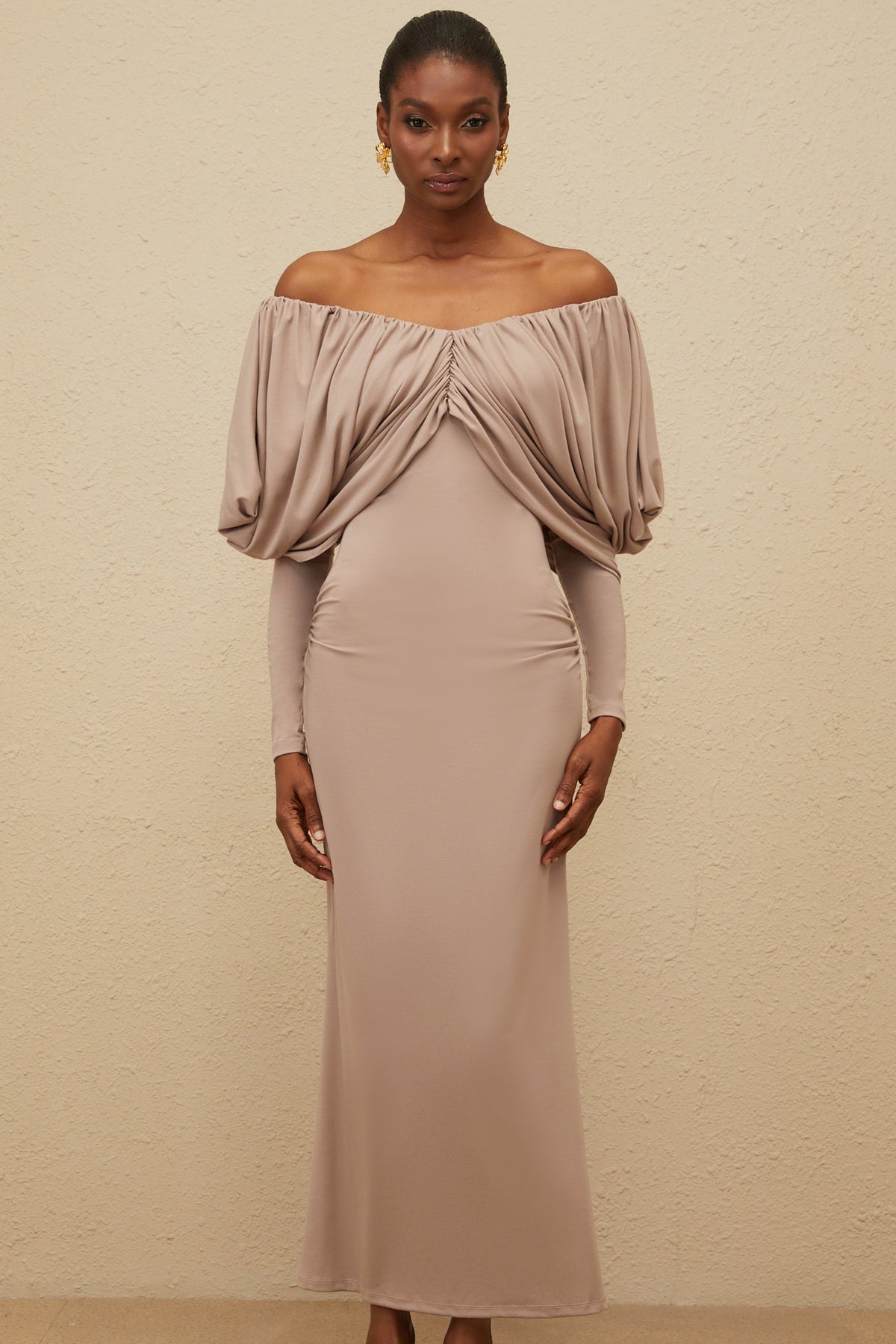 Roxane Grey Ruched Shift Midi Dress (Final Sale)