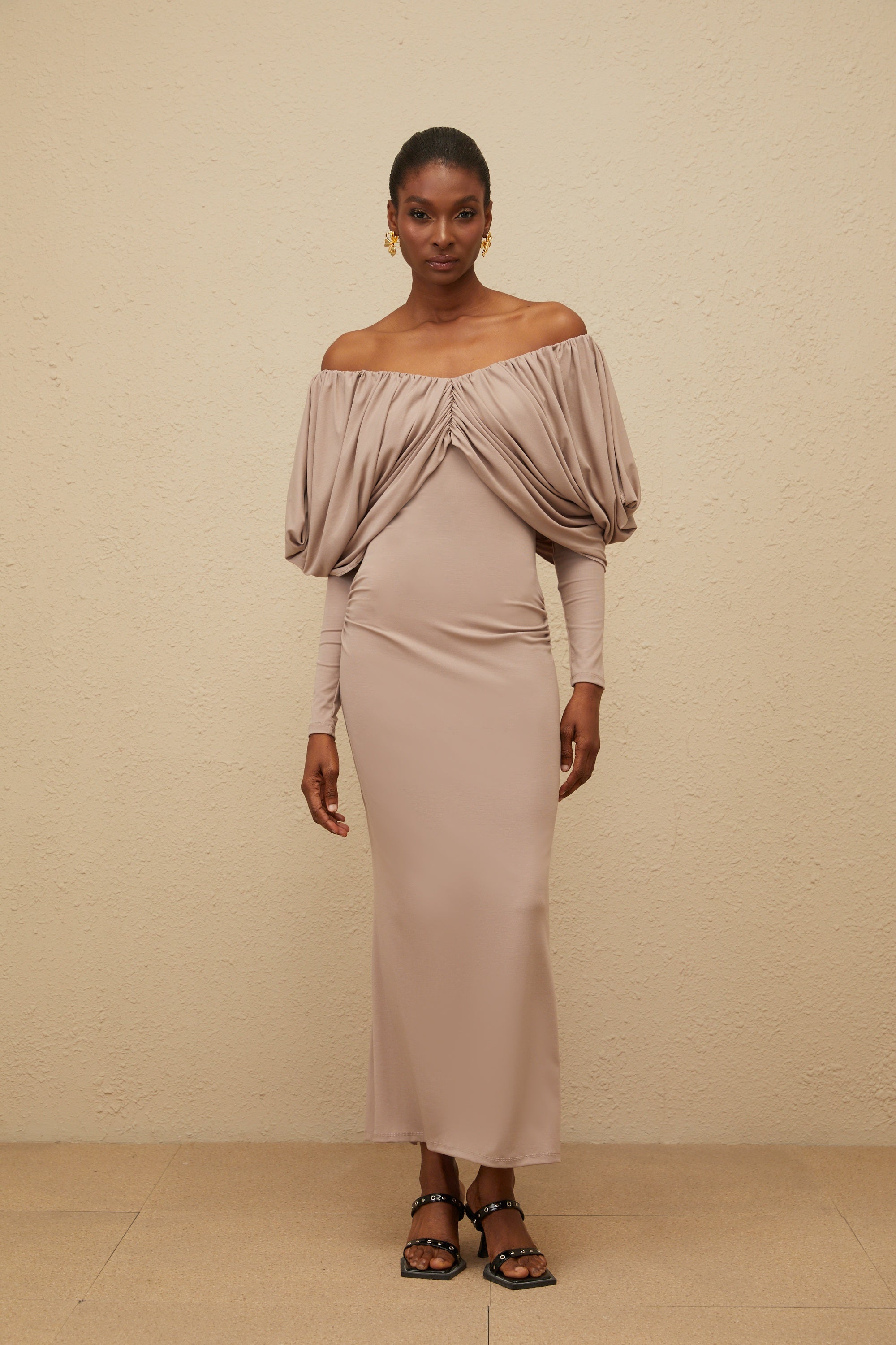 Roxane Grey Ruched Shift Midi Dress (Final Sale)