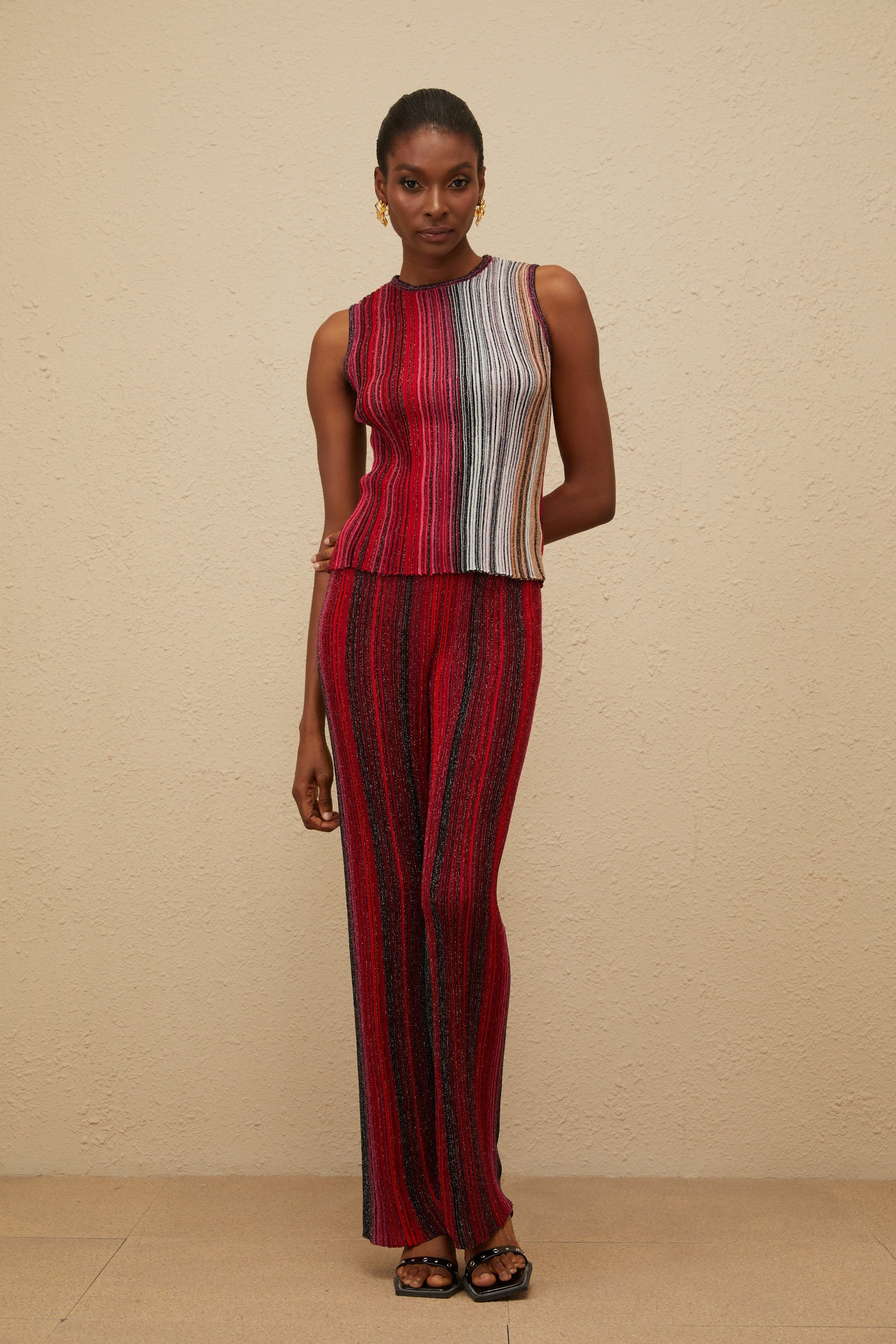 Ulysse Red Glitter Pleated Knit Top & Trousers Set