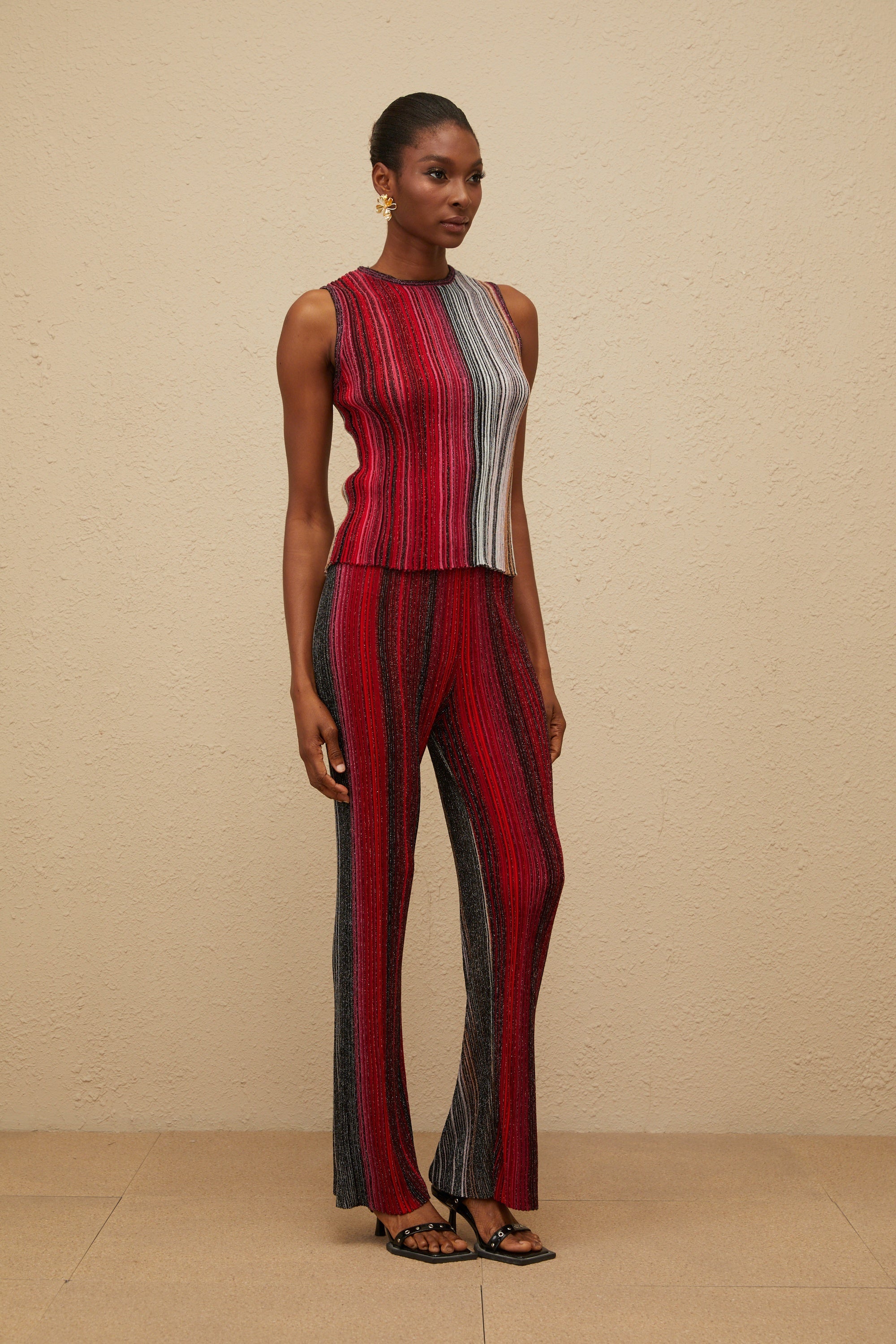 Ulysse Red Glitter Pleated Knit Top & Trousers Set