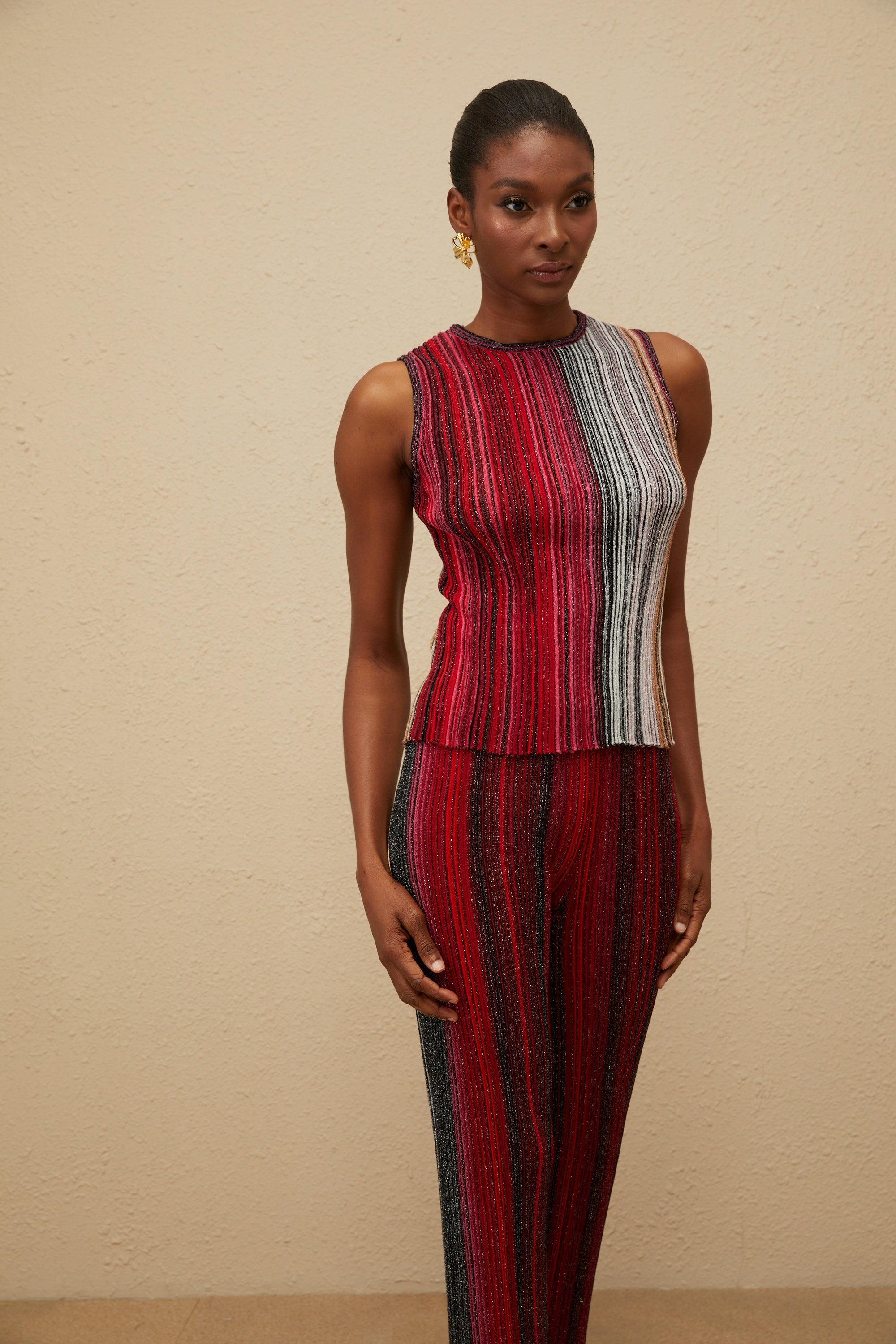 Ulysse Red Glitter Pleated Knit Top & Trousers Set