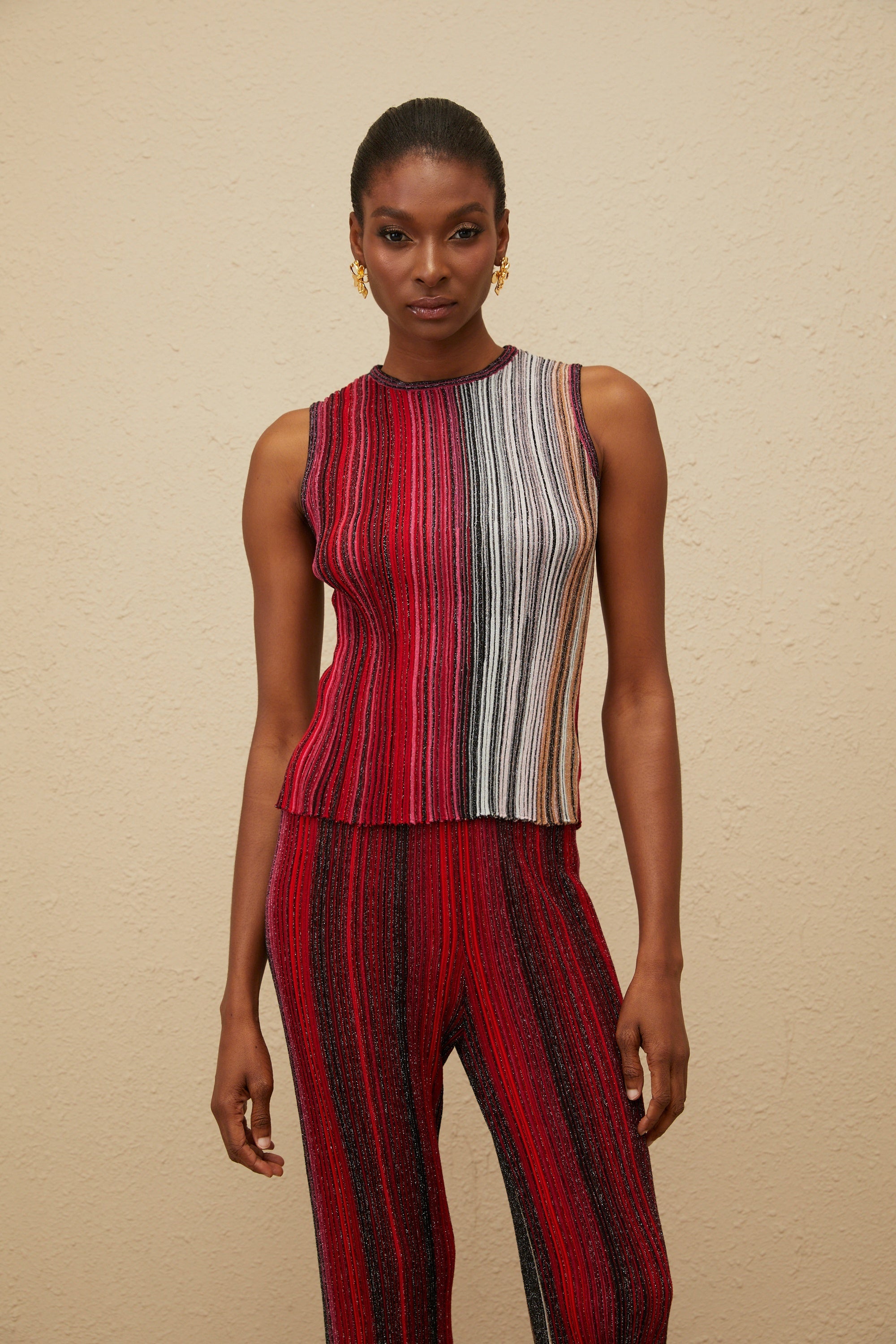 Ulysse Red Glitter Pleated Knit Top & Trousers Set