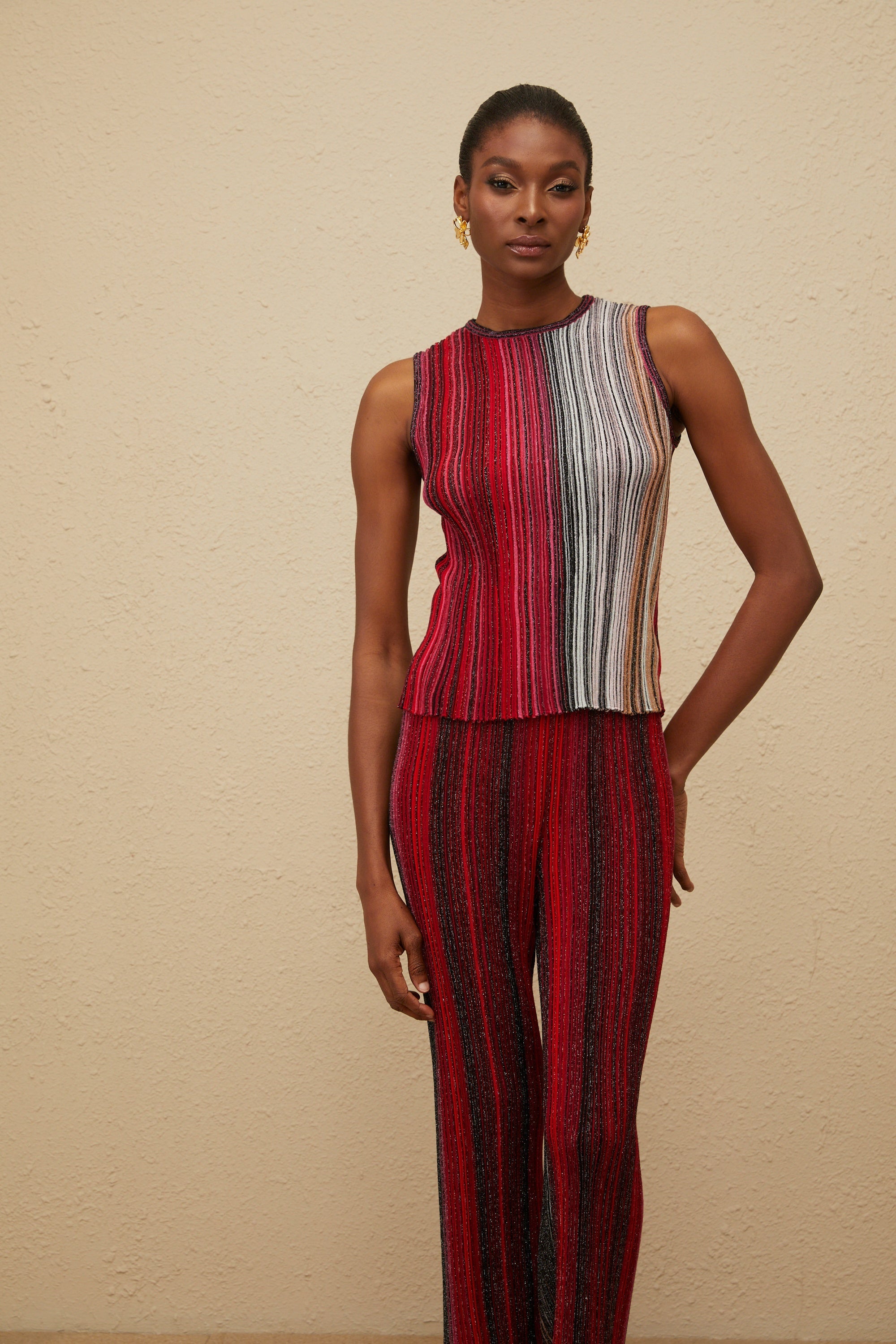 Ulysse Red Glitter Pleated Knit Top & Trousers Set