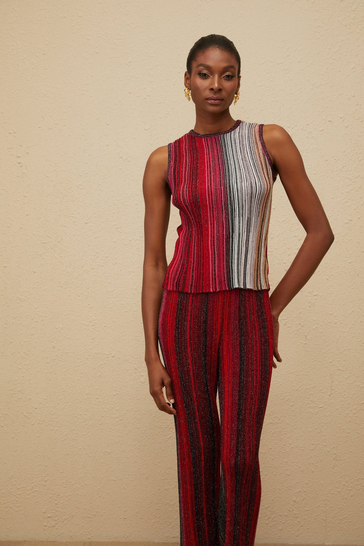 Ulysse Red Glitter Pleated Knit Top & Trousers Set