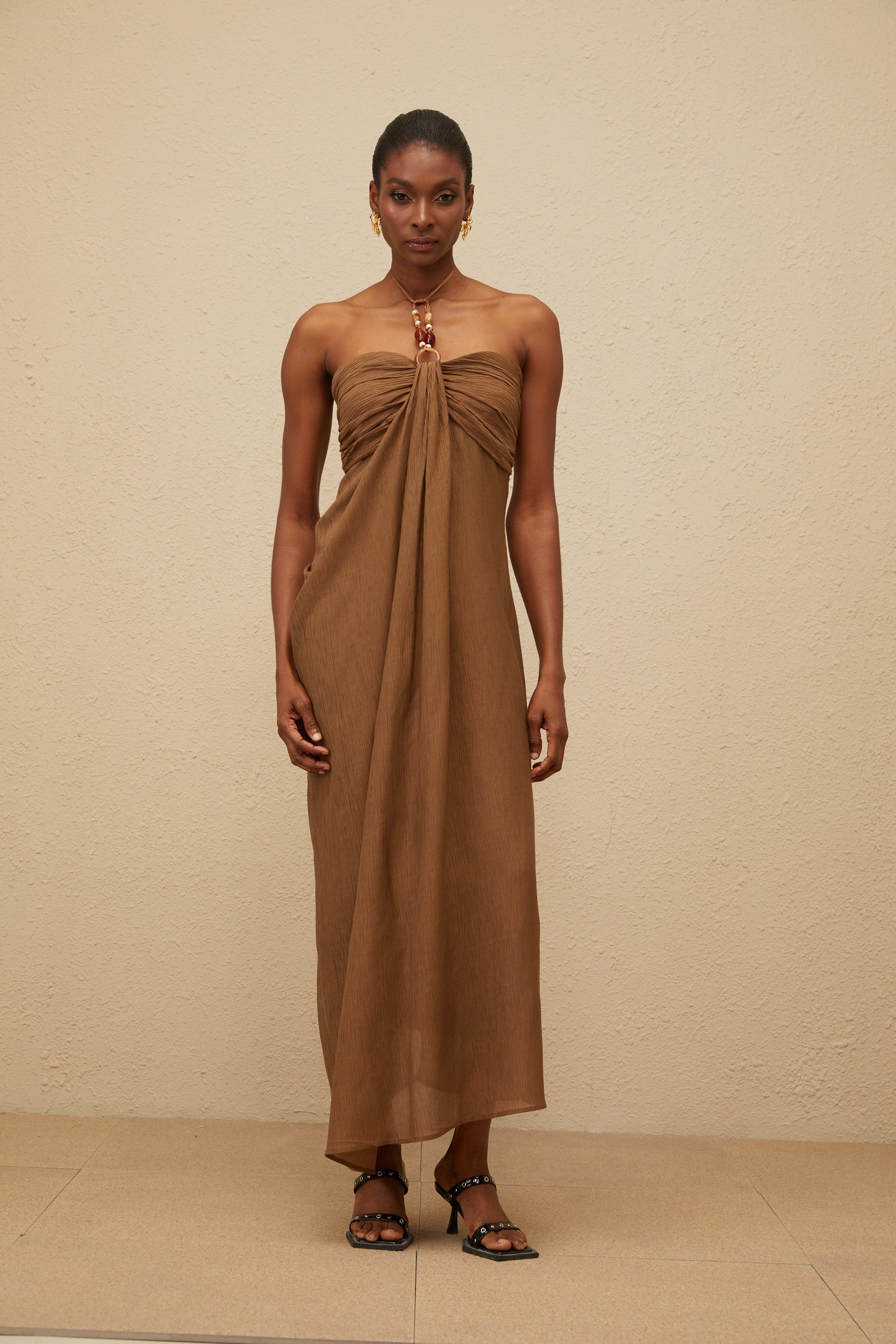 Ludivine Brown Ruched Maxi Dress with Beaded Straps