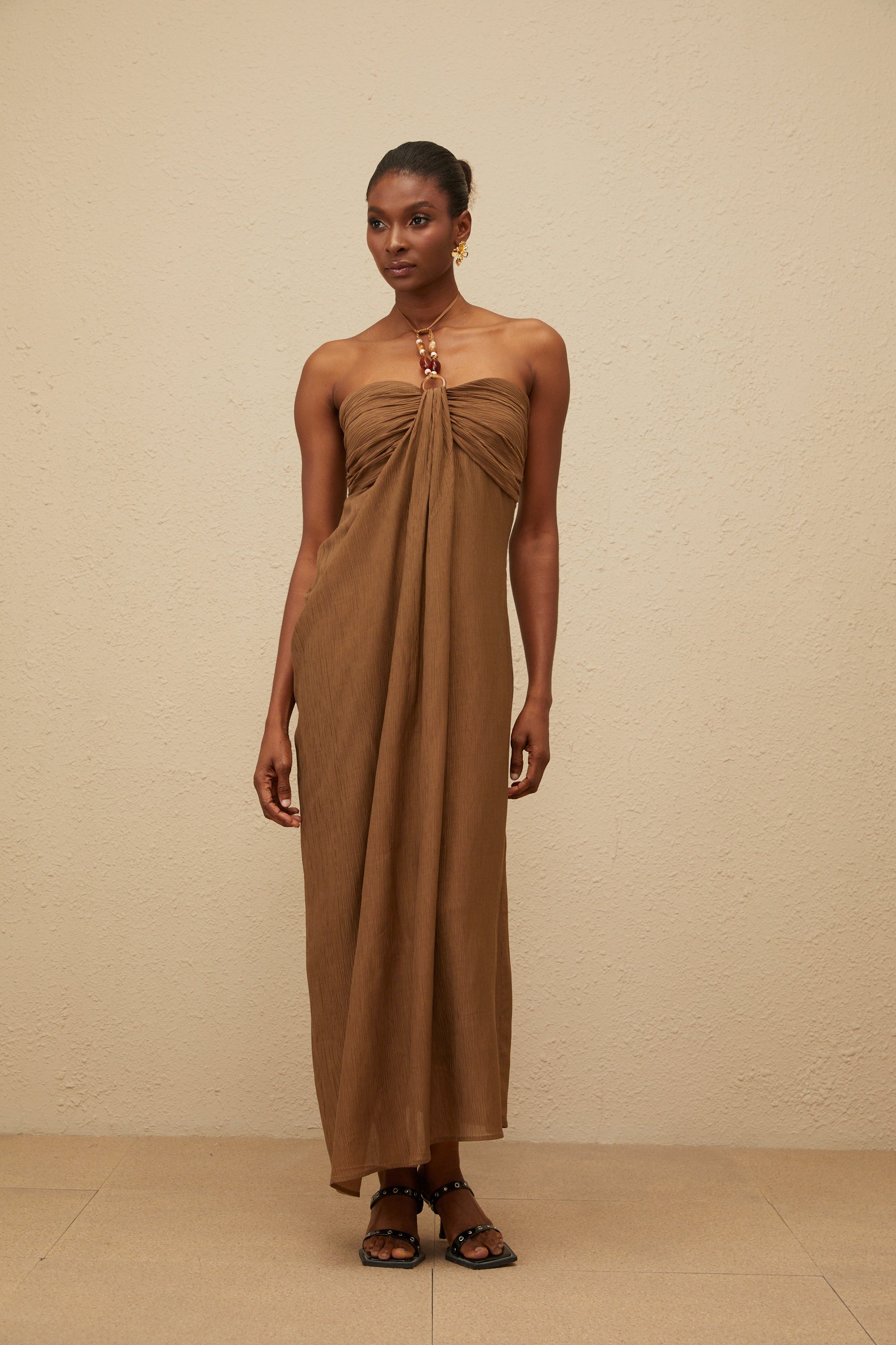 Ludivine Brown Ruched Maxi Dress with Beaded Straps