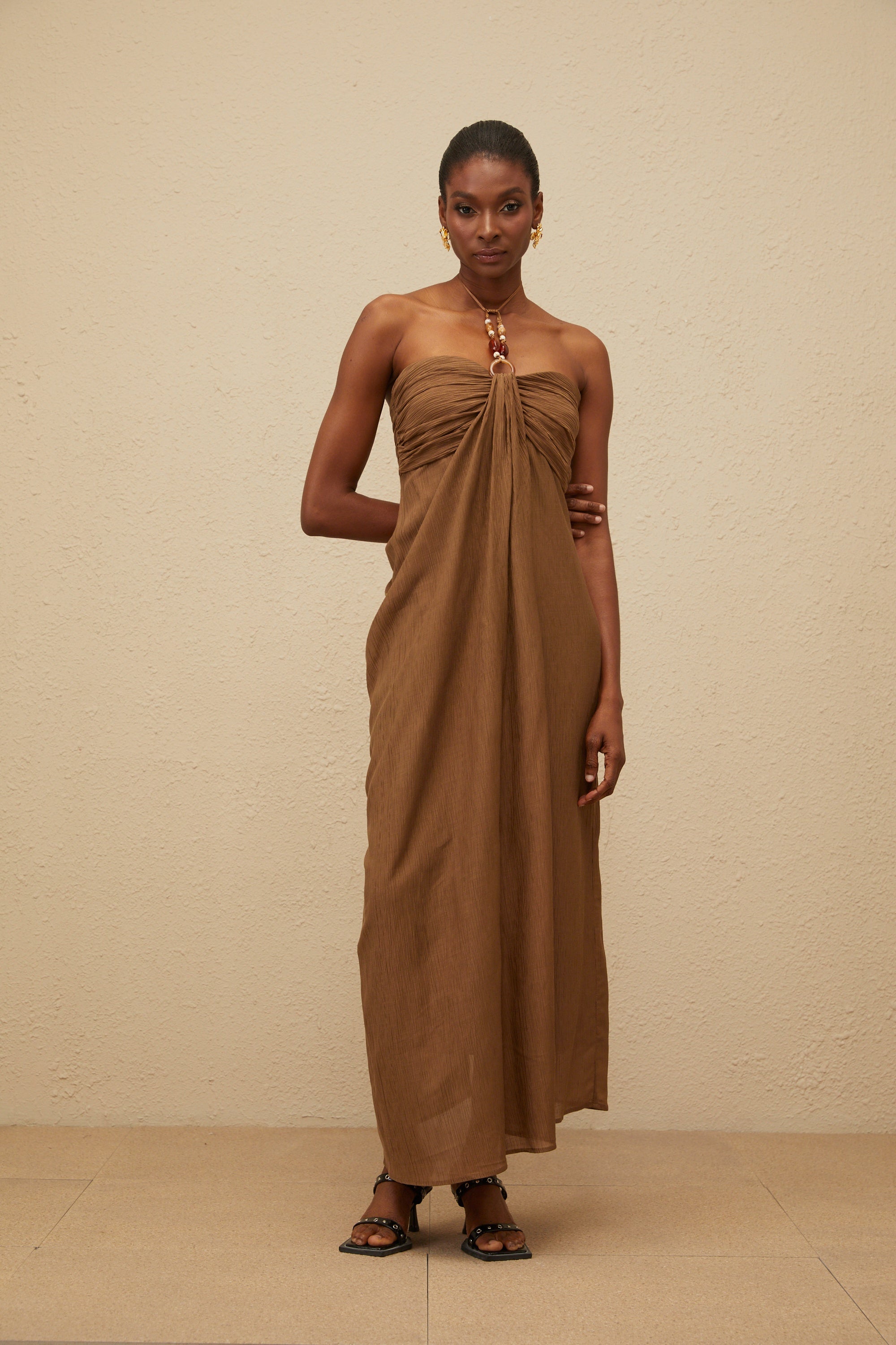 Ludivine Brown Ruched Maxi Dress with Beaded Straps