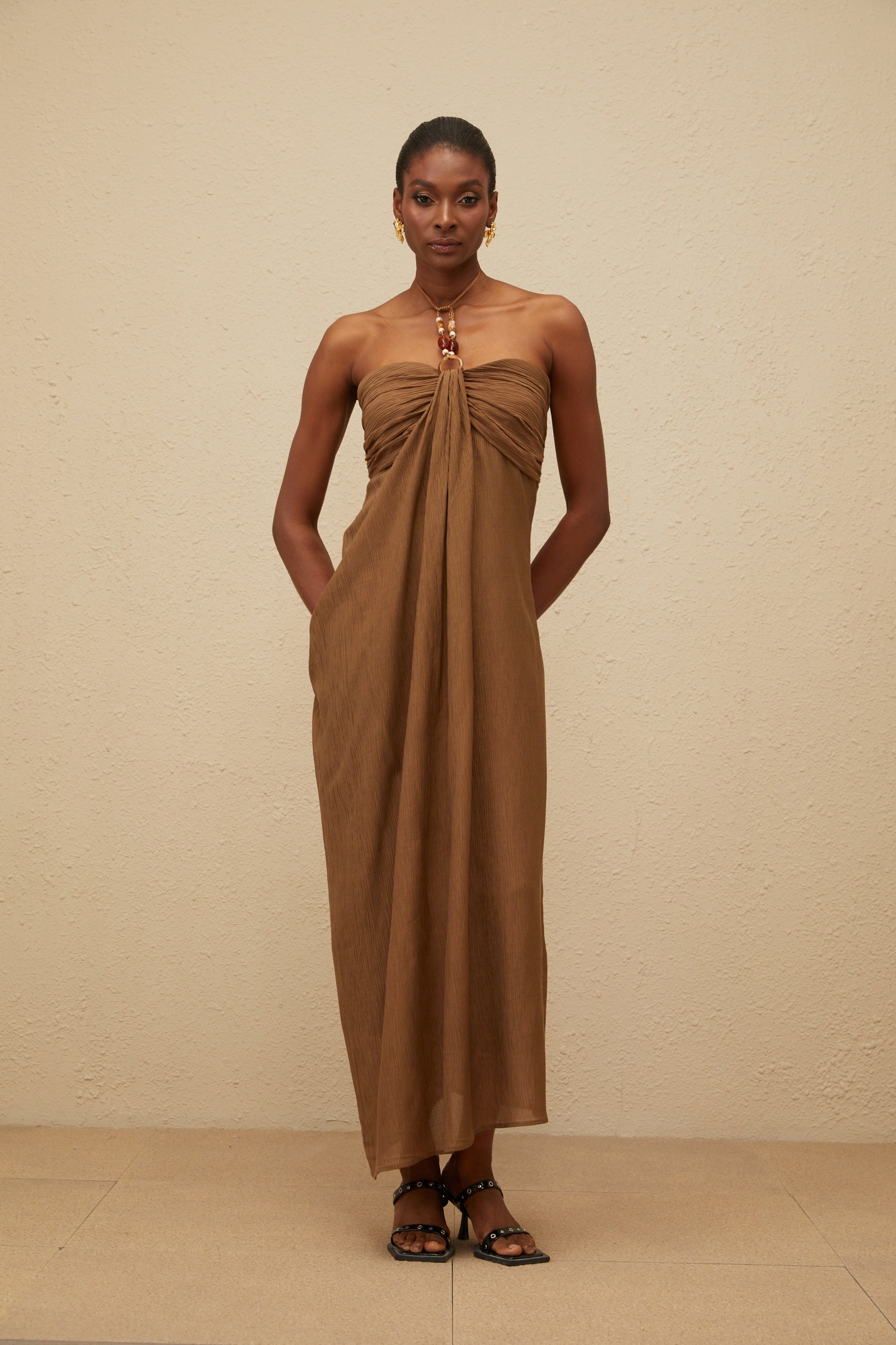 Ludivine Brown Ruched Maxi Dress with Beaded Straps