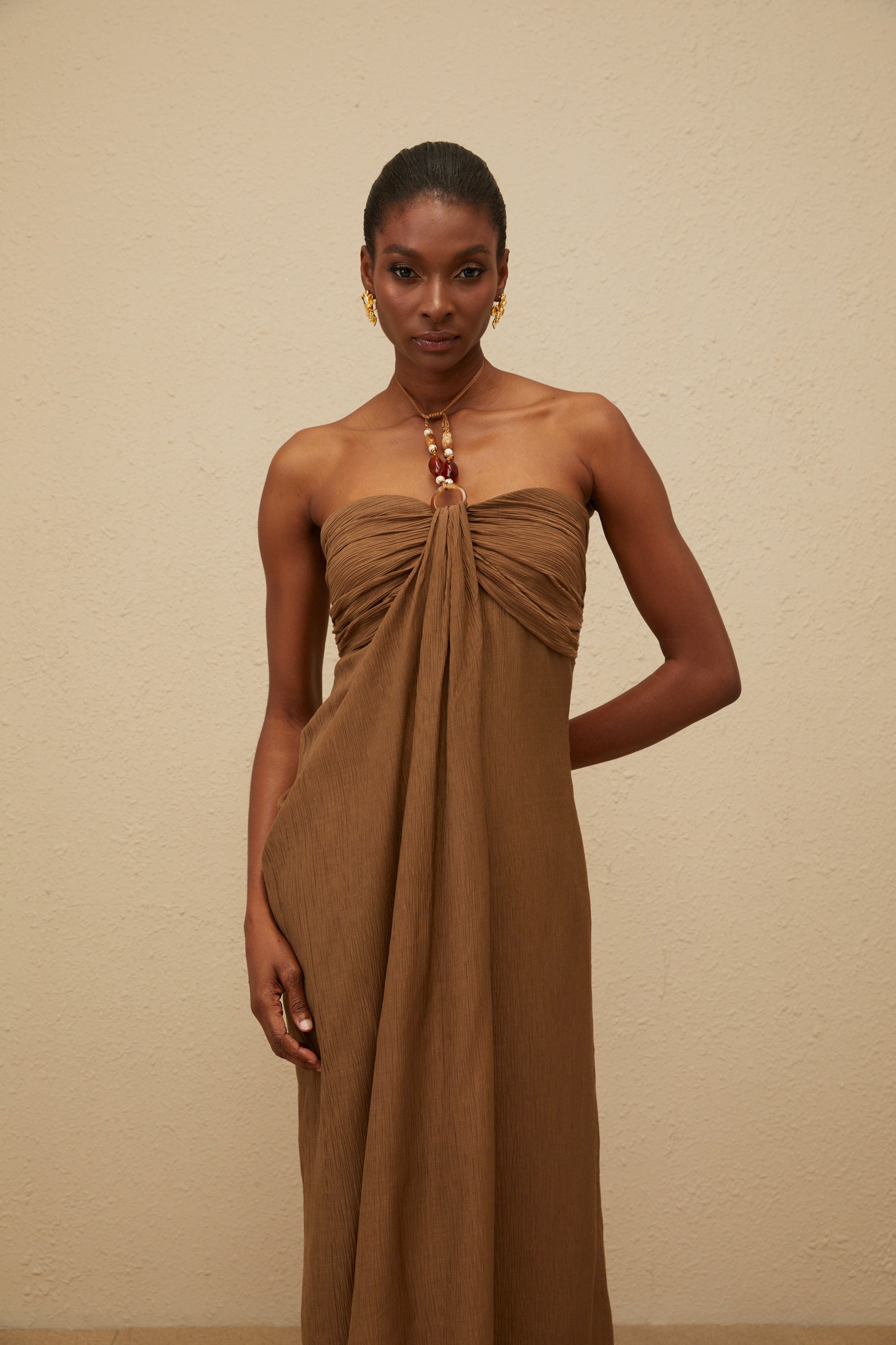 Ludivine Brown Ruched Maxi Dress with Beaded Straps