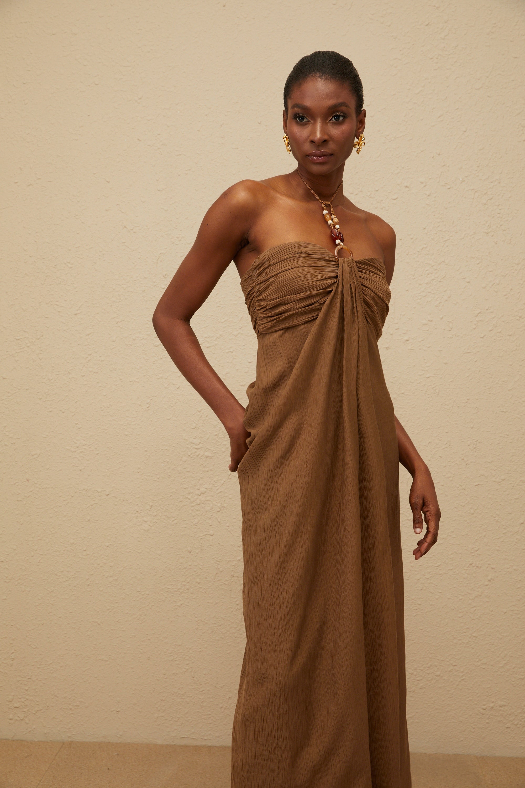Ludivine Brown Ruched Maxi Dress with Beaded Straps