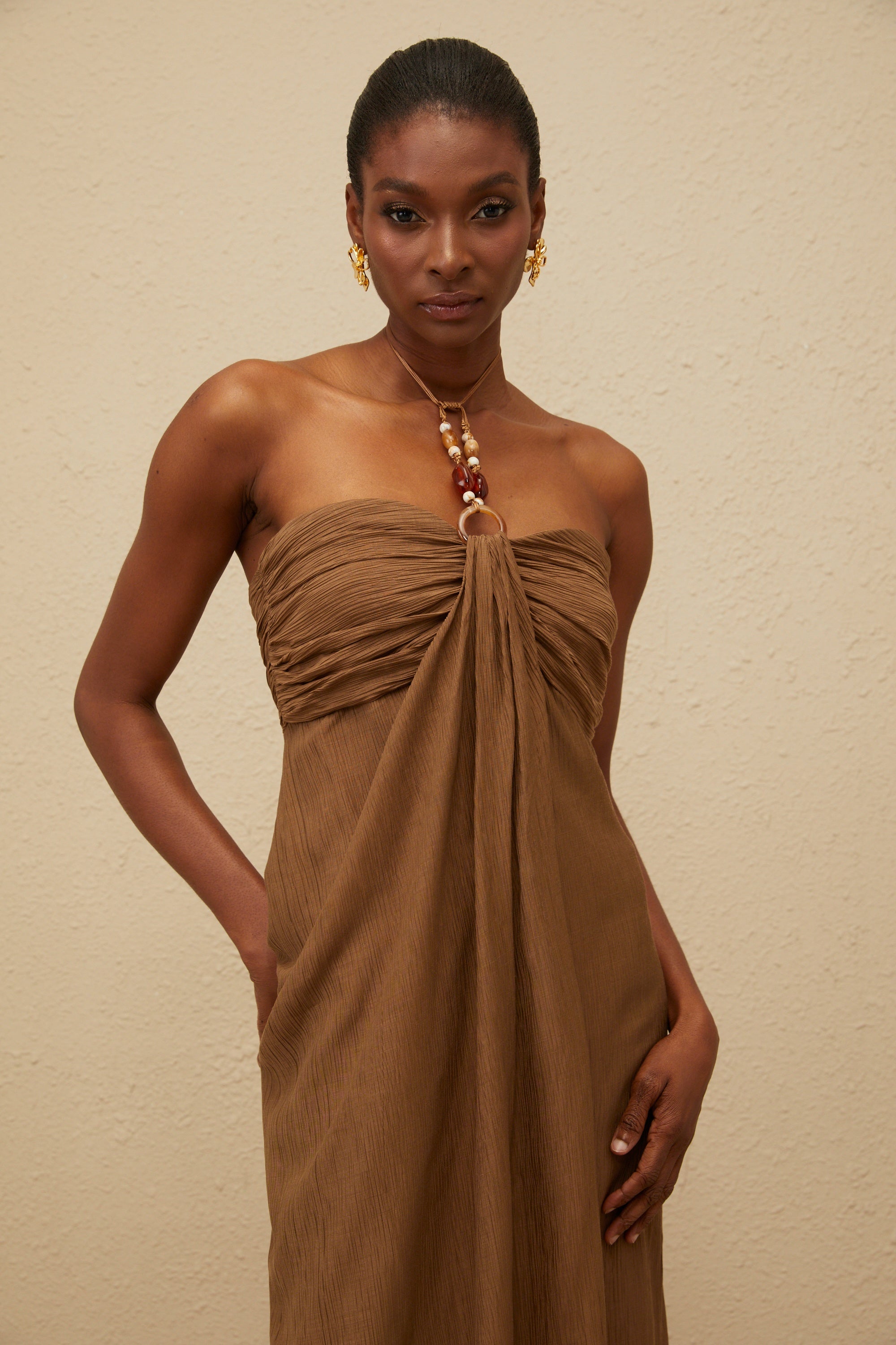 Ludivine Brown Ruched Maxi Dress with Beaded Straps