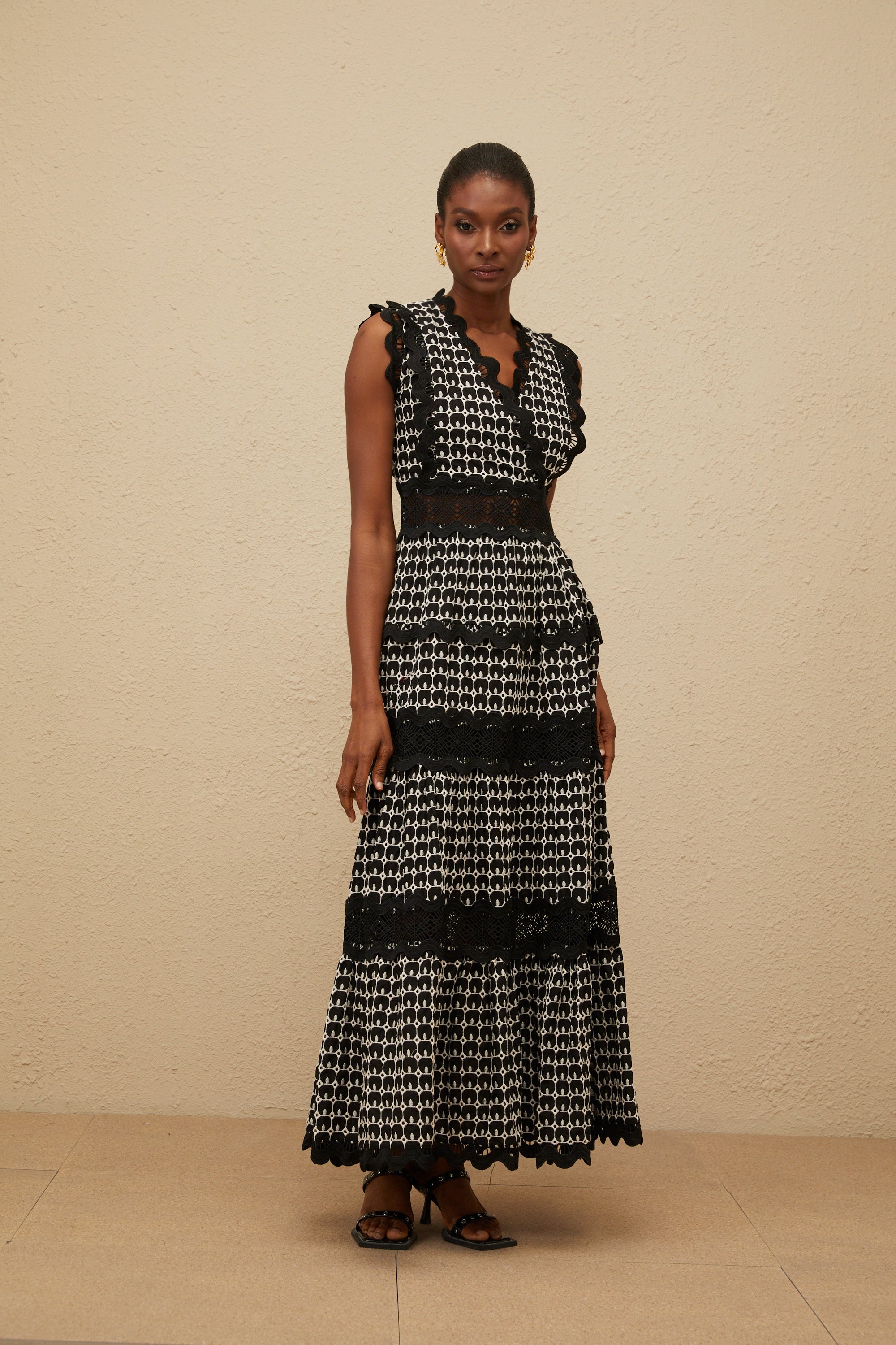 Ténébreuse Black Scalloped Lace Panel Maxi Dress