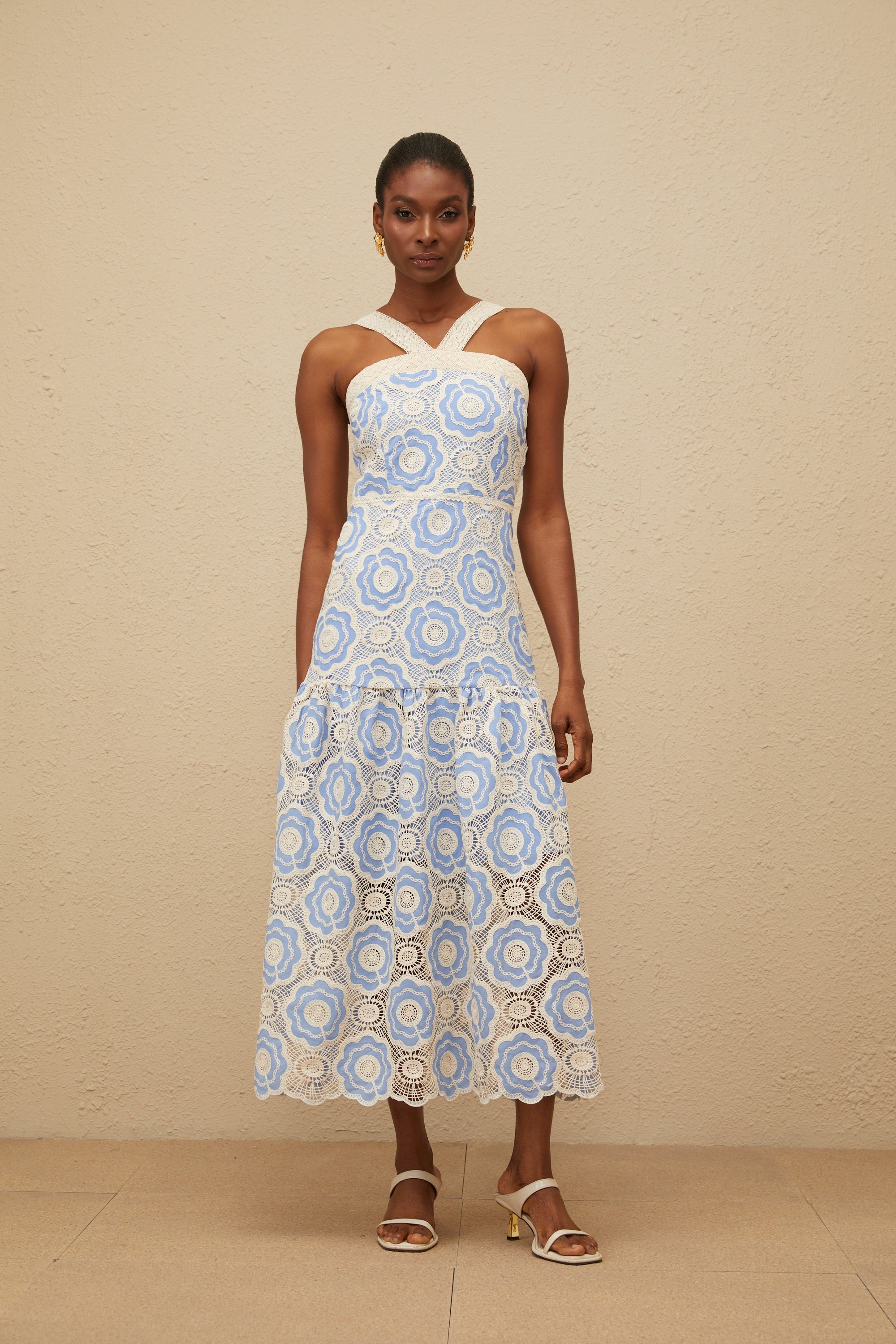 Frivole Blue Crochet Floral Midi Dress