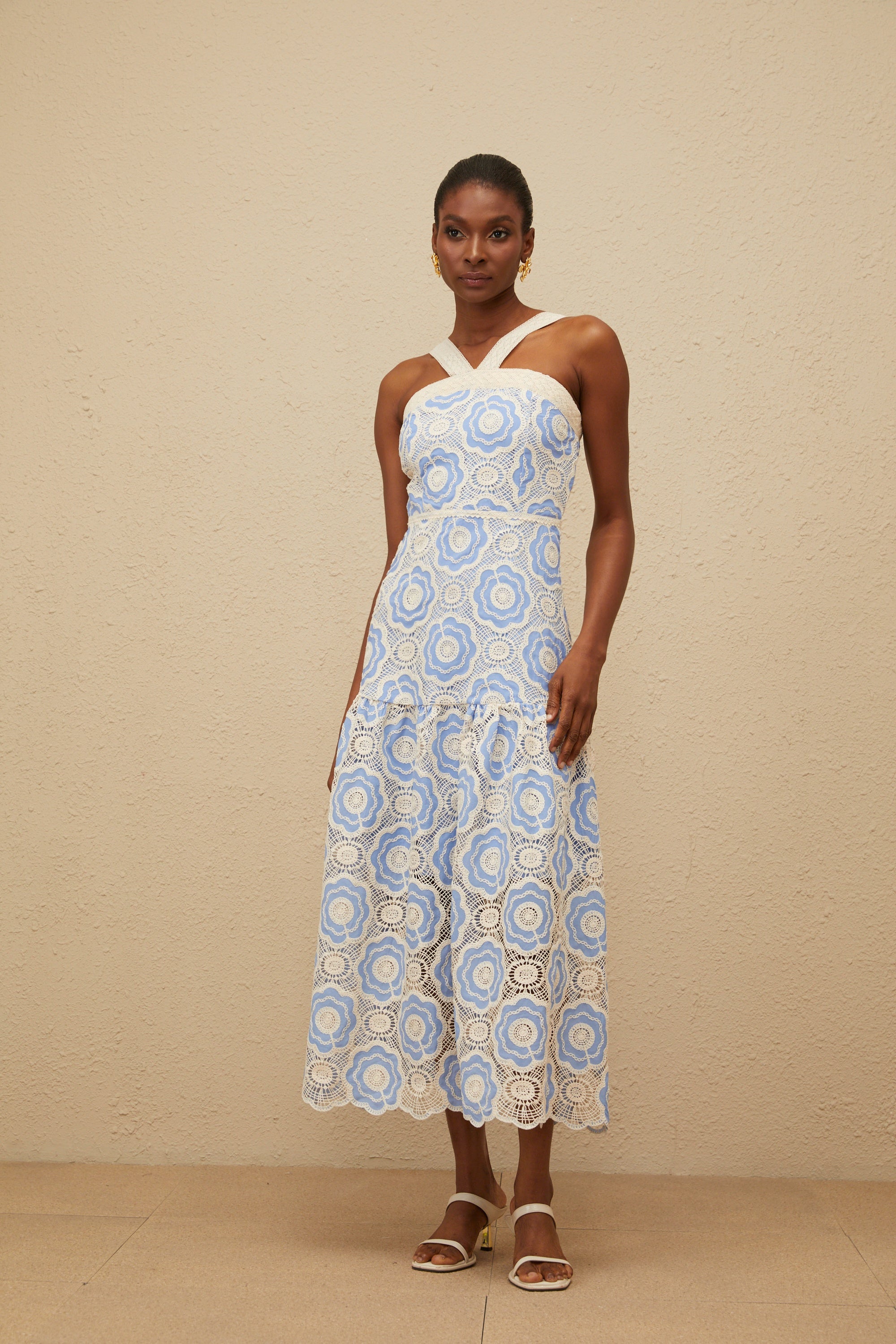 Frivole Blue Crochet Floral Midi Dress