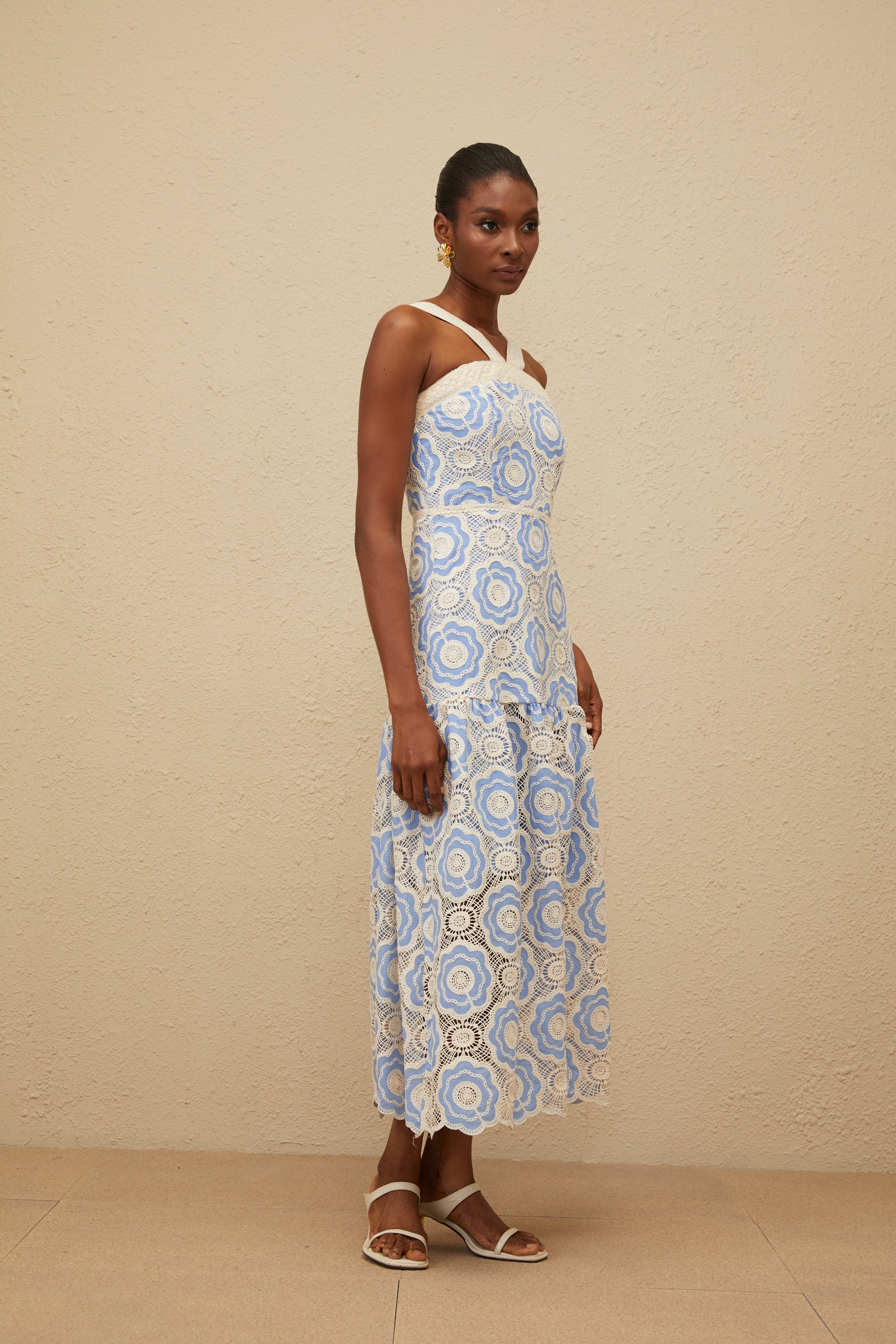 Frivole Blue Crochet Floral Midi Dress