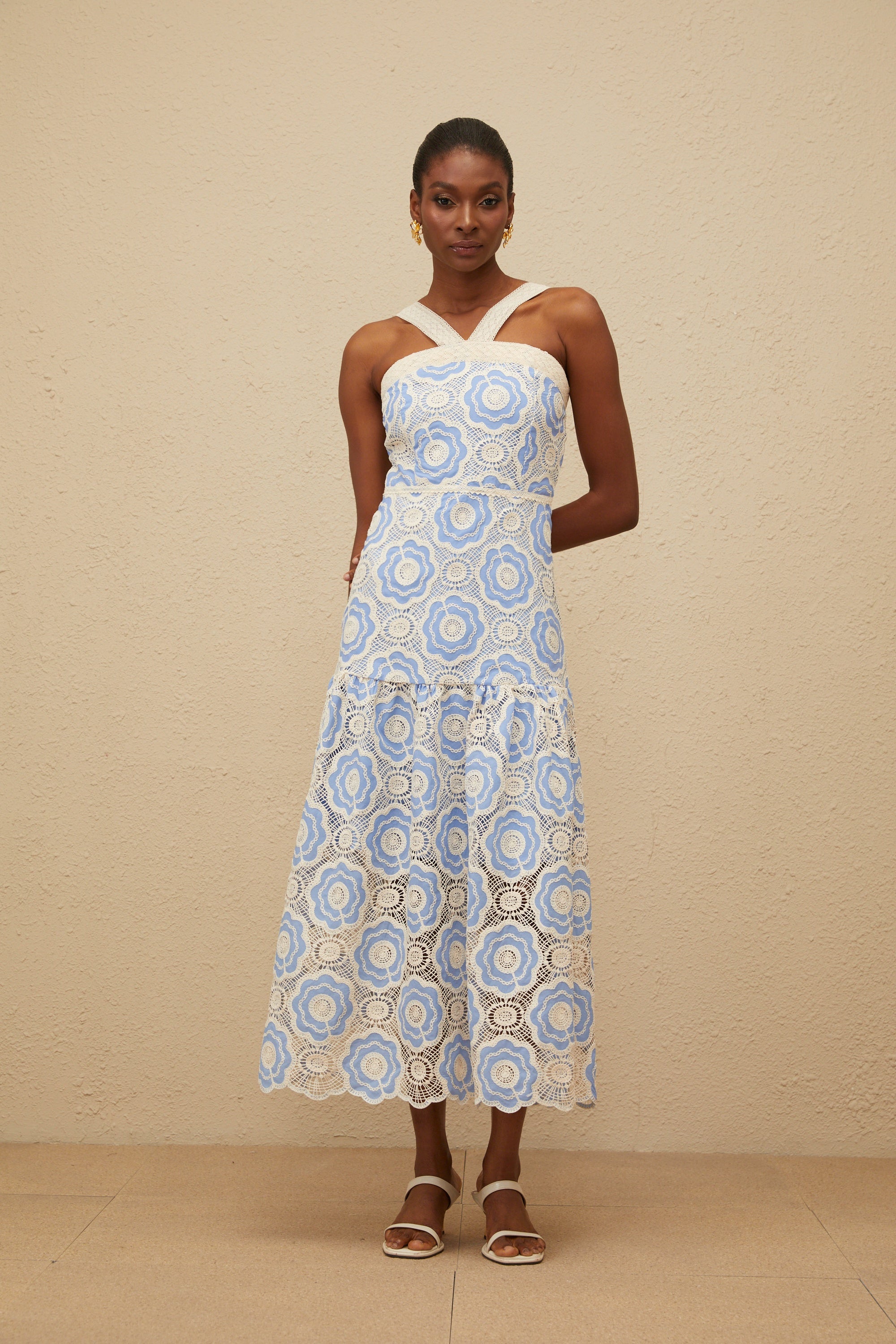 Frivole Blue Crochet Floral Midi Dress