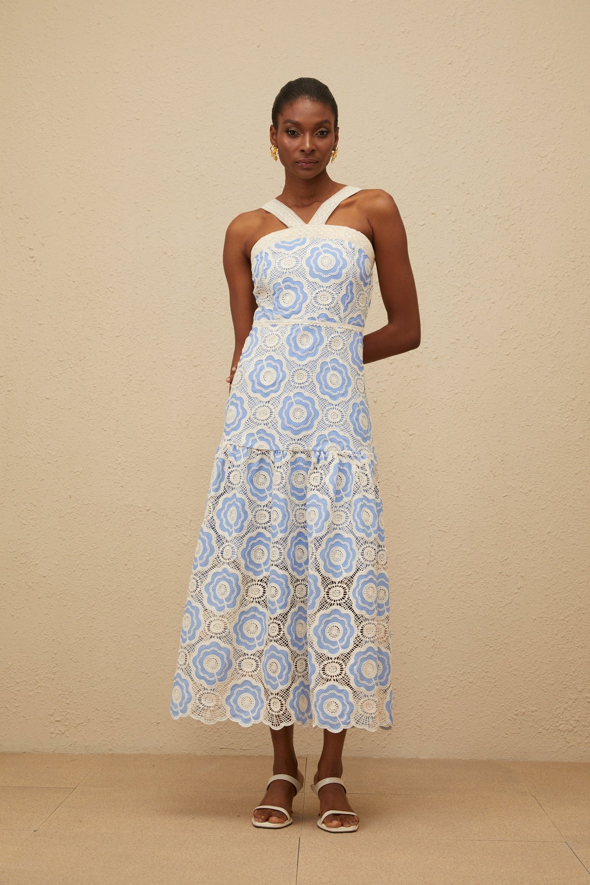 Frivole Blue Crochet Floral Midi Dress (Final Sale)