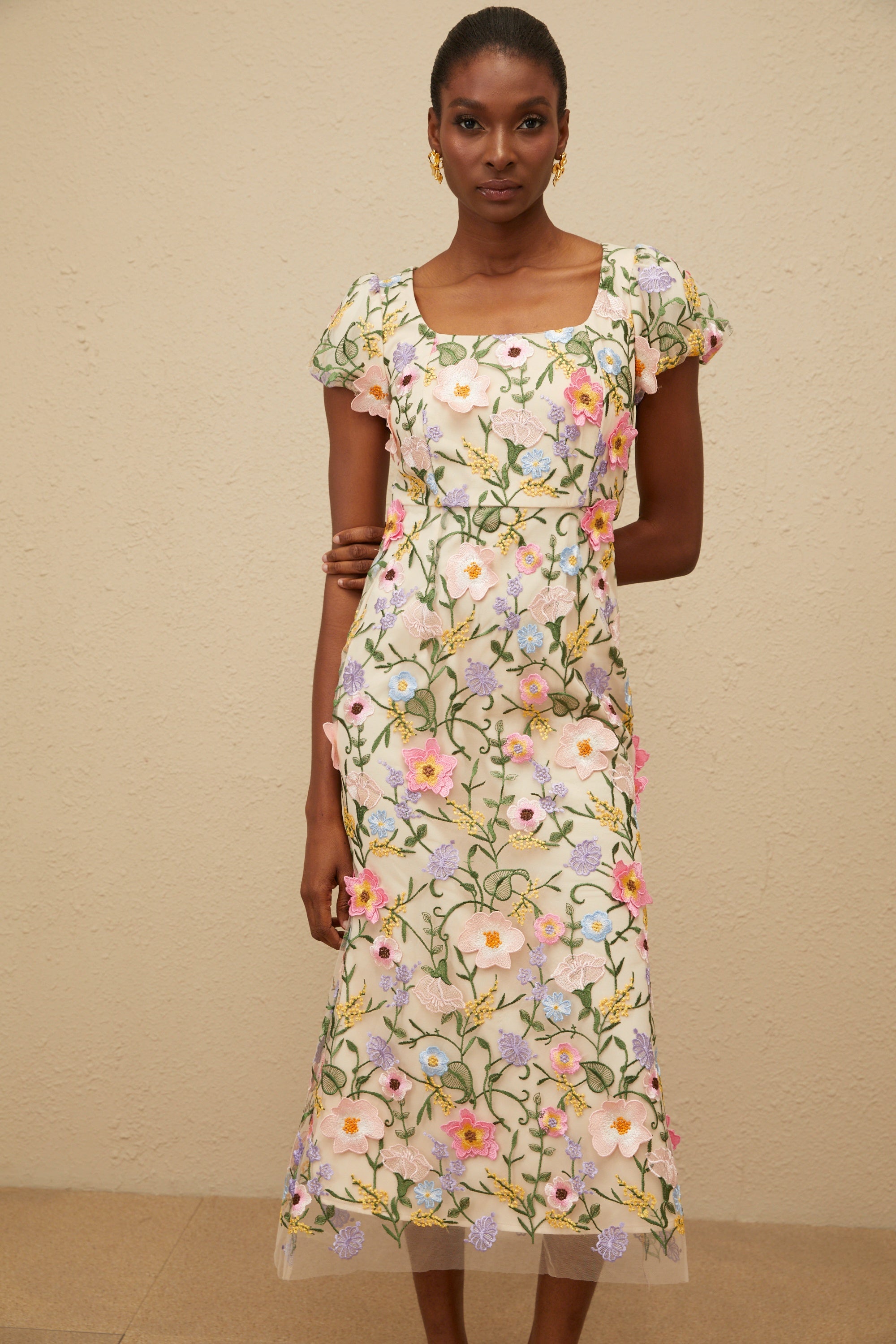 Enjouée Neutral Floral Embroidered Midi Dress