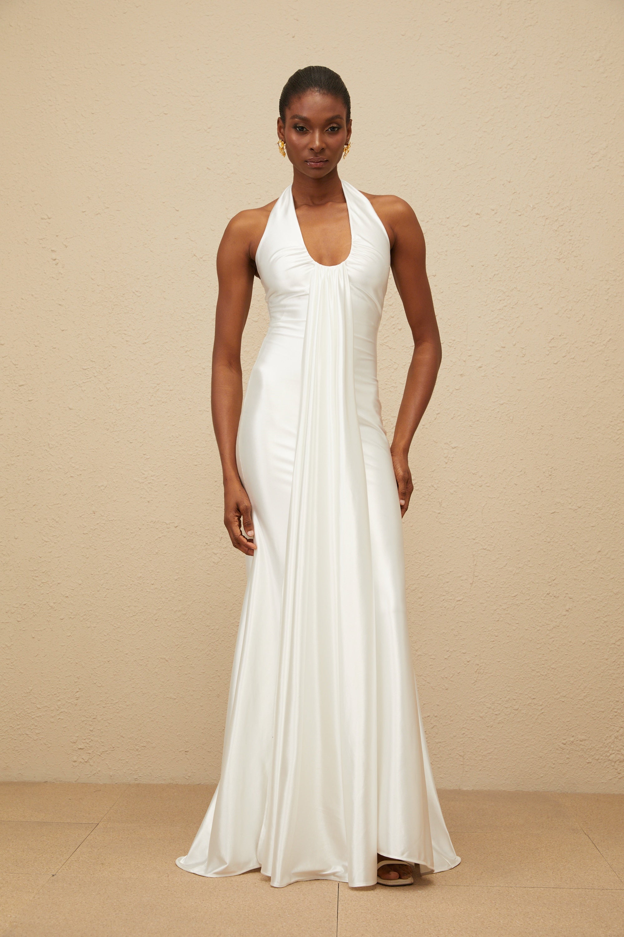 Céleste White Ruched Satin Maxi Dress